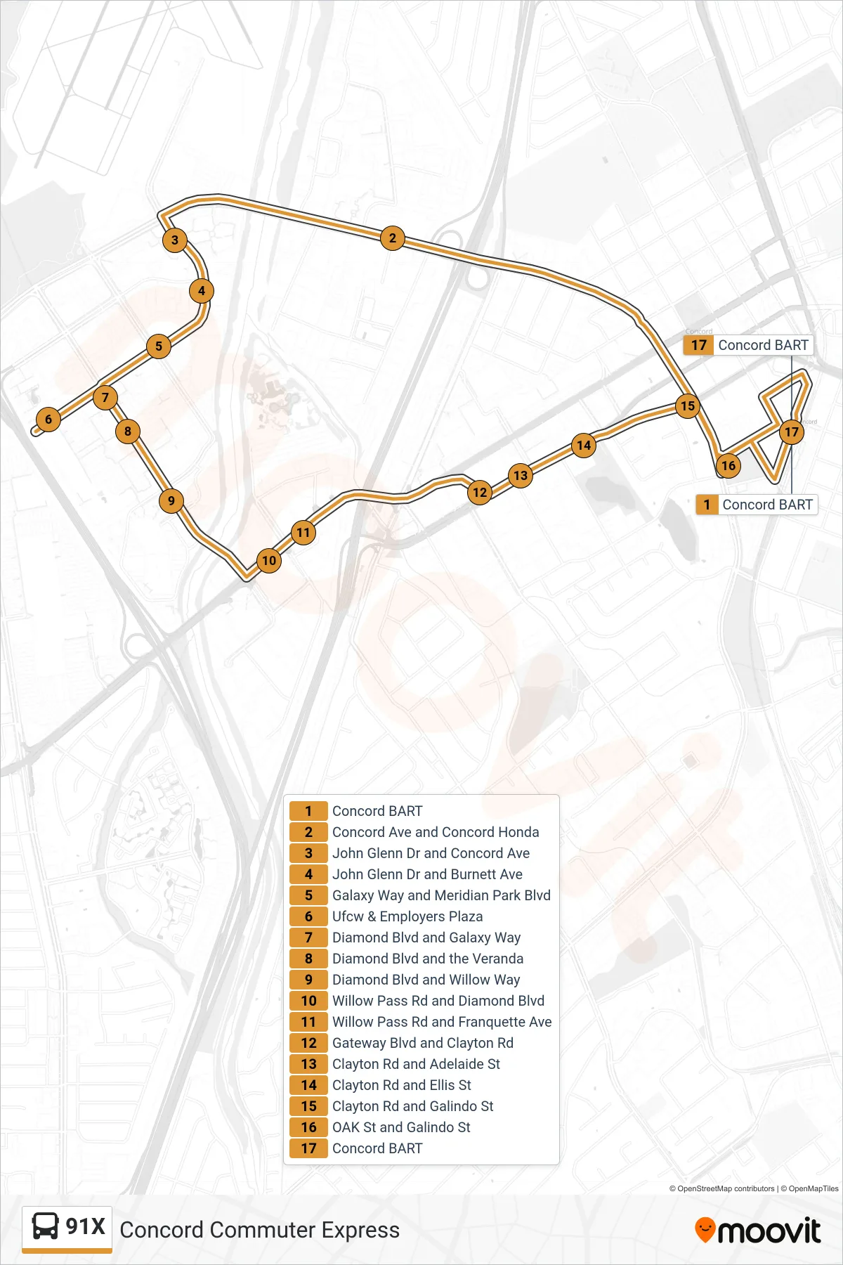 91X bus Line (Ufcw & Employers Plaza) route and stops on a map