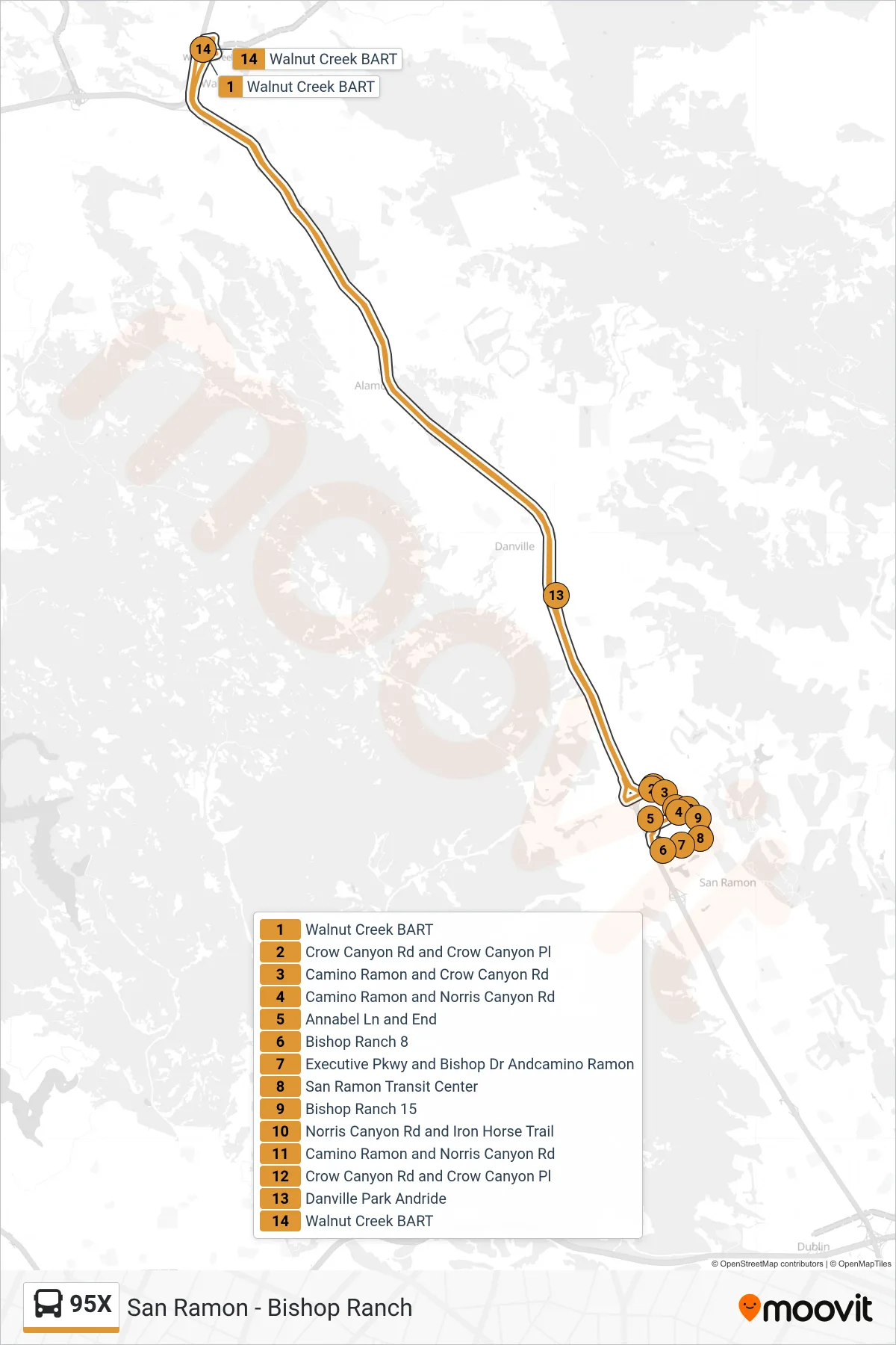 95X bus Line (San Ramon - Bishop Ranch) route and stops on a map