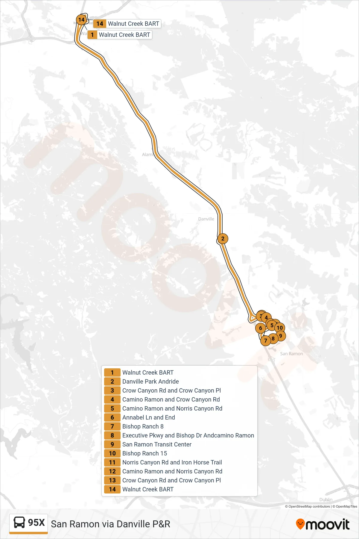 95X bus Line (San Ramon via Danville P&R) route and stops on a map