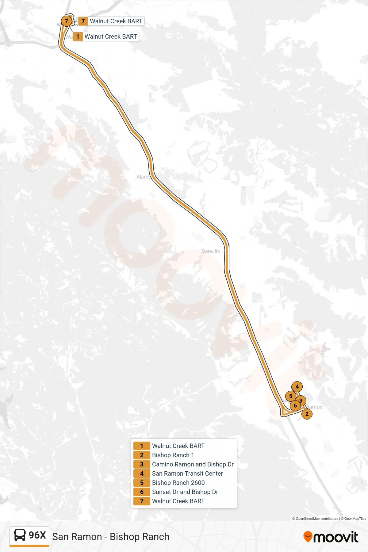 96X bus Line (San Ramon - Bishop Ranch) route and stops on a map