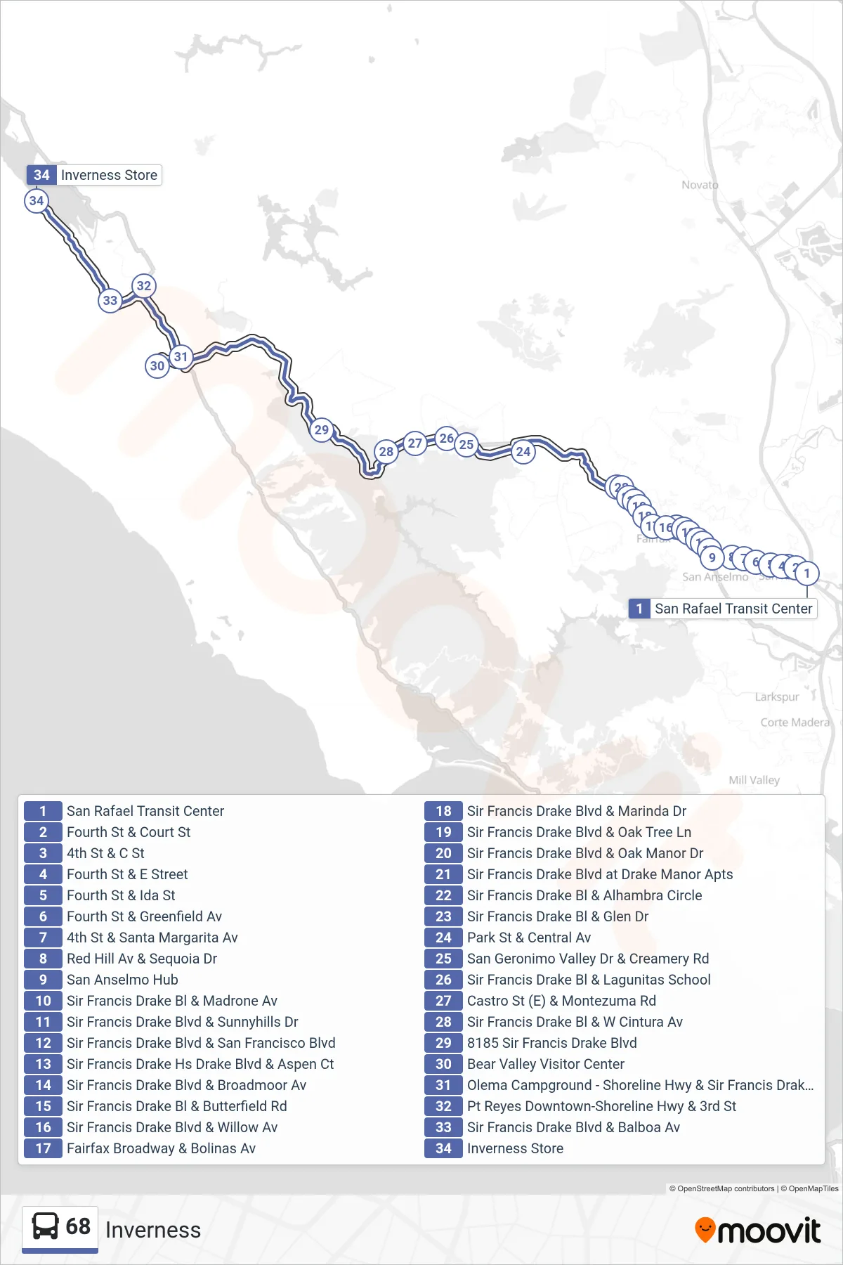 68 bus Line (Inverness) route and stops on a map