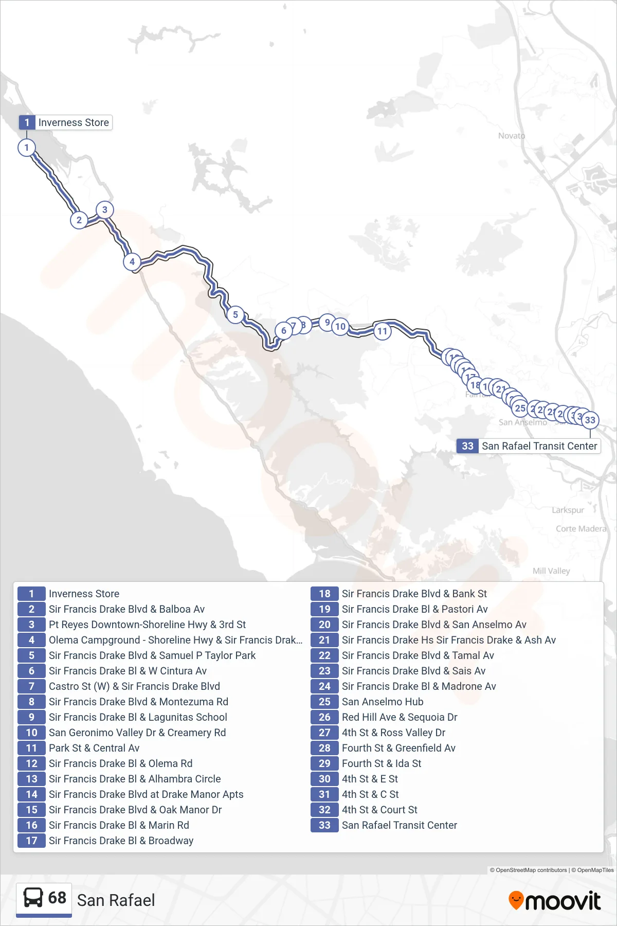 68 bus Line (San Rafael) route and stops on a map