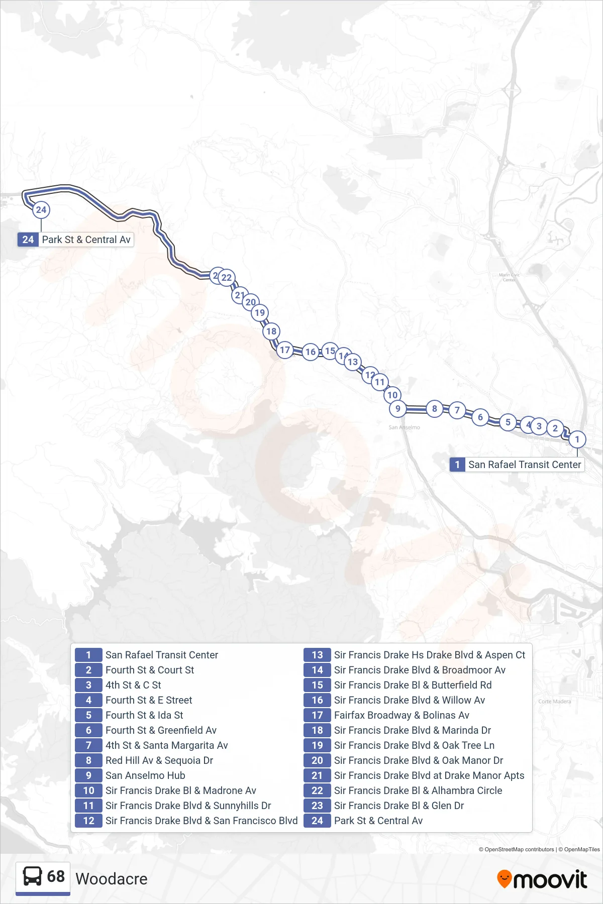 68 bus Line (Woodacre) route and stops on a map