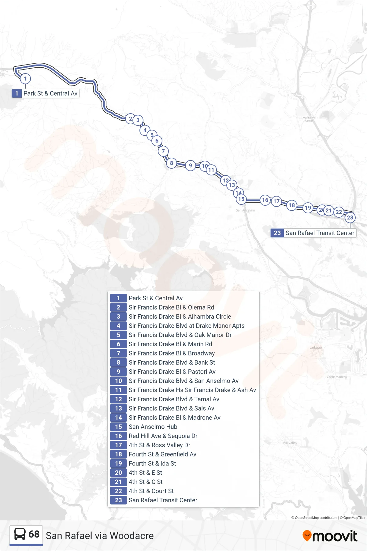68 bus Line (San Rafael via Woodacre) route and stops on a map