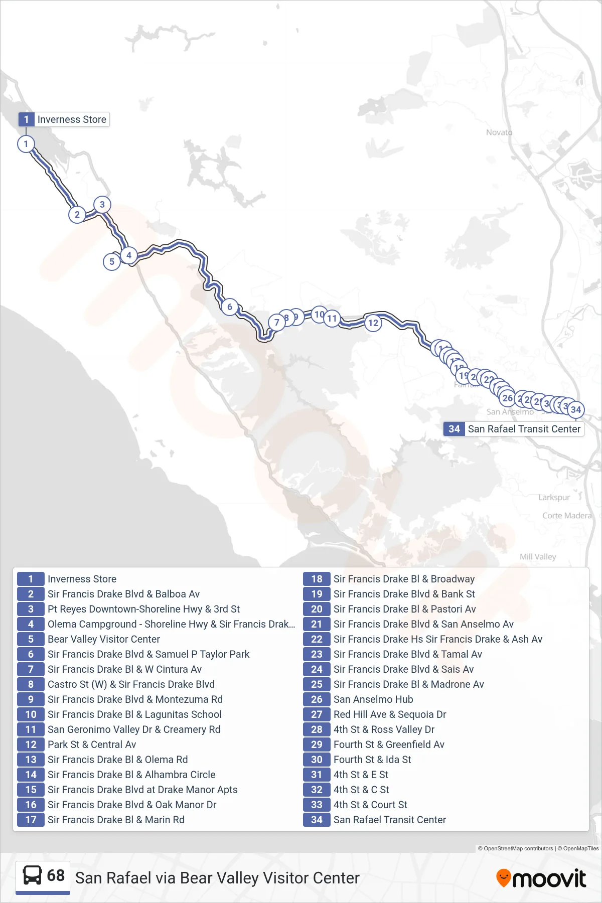 68 bus Line (San Rafael via Bear Valley Visitor Center) route and stops on a map