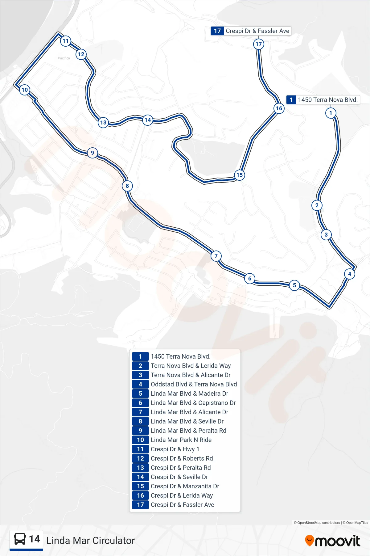 14 bus Line (Pacifica) route and stops on a map