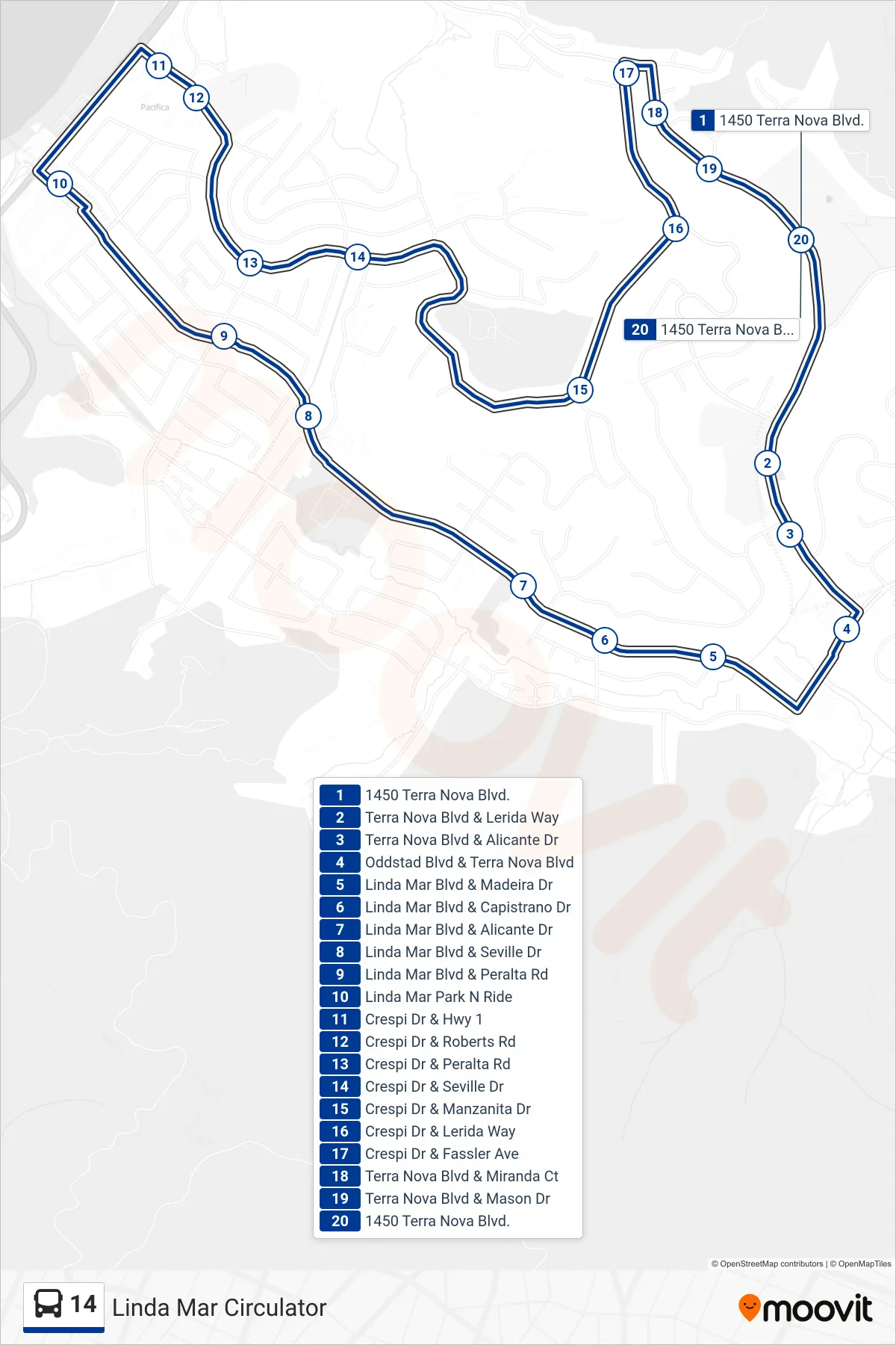 14 bus Line (Terra Nova Hs) route and stops on a map