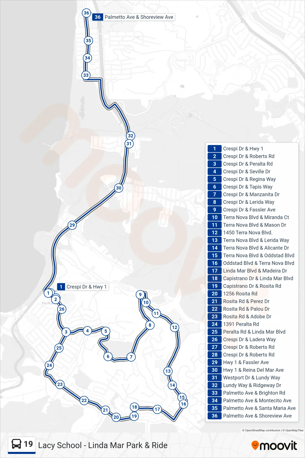19 bus Line (Ingrid B Lacy School) route and stops on a map