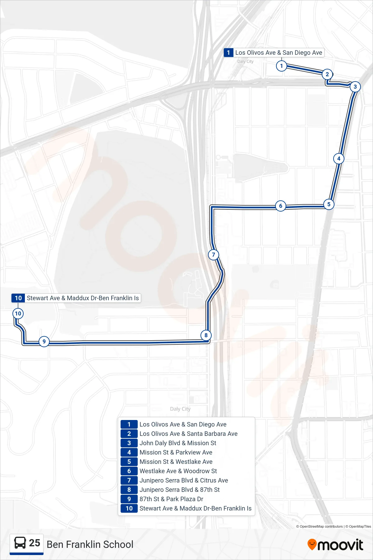 25 bus Line (Ben Franklin School) route and stops on a map