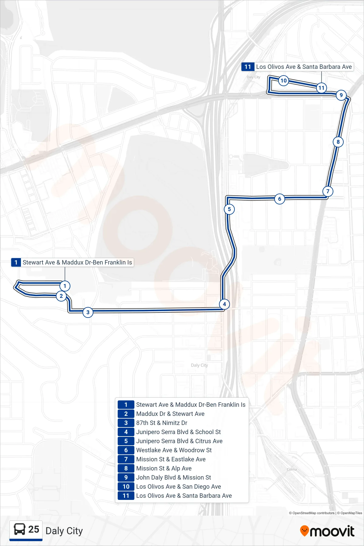 25 bus Line (Daly City) route and stops on a map