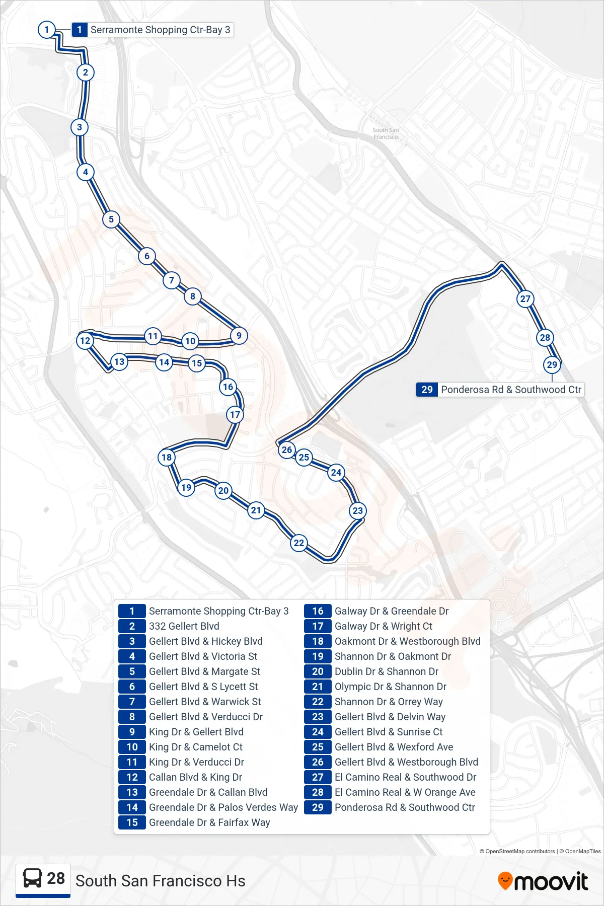 28 bus Line (South San Francisco Hs) route and stops on a map