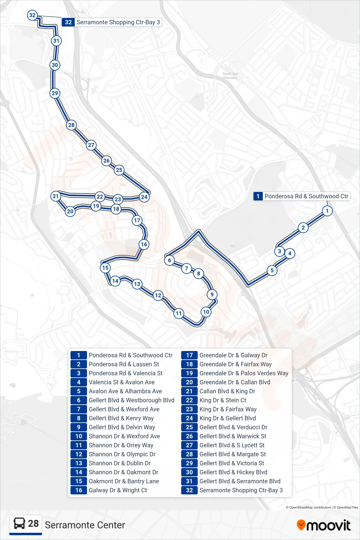 28 bus Line (Serramonte Center) route and stops on a map