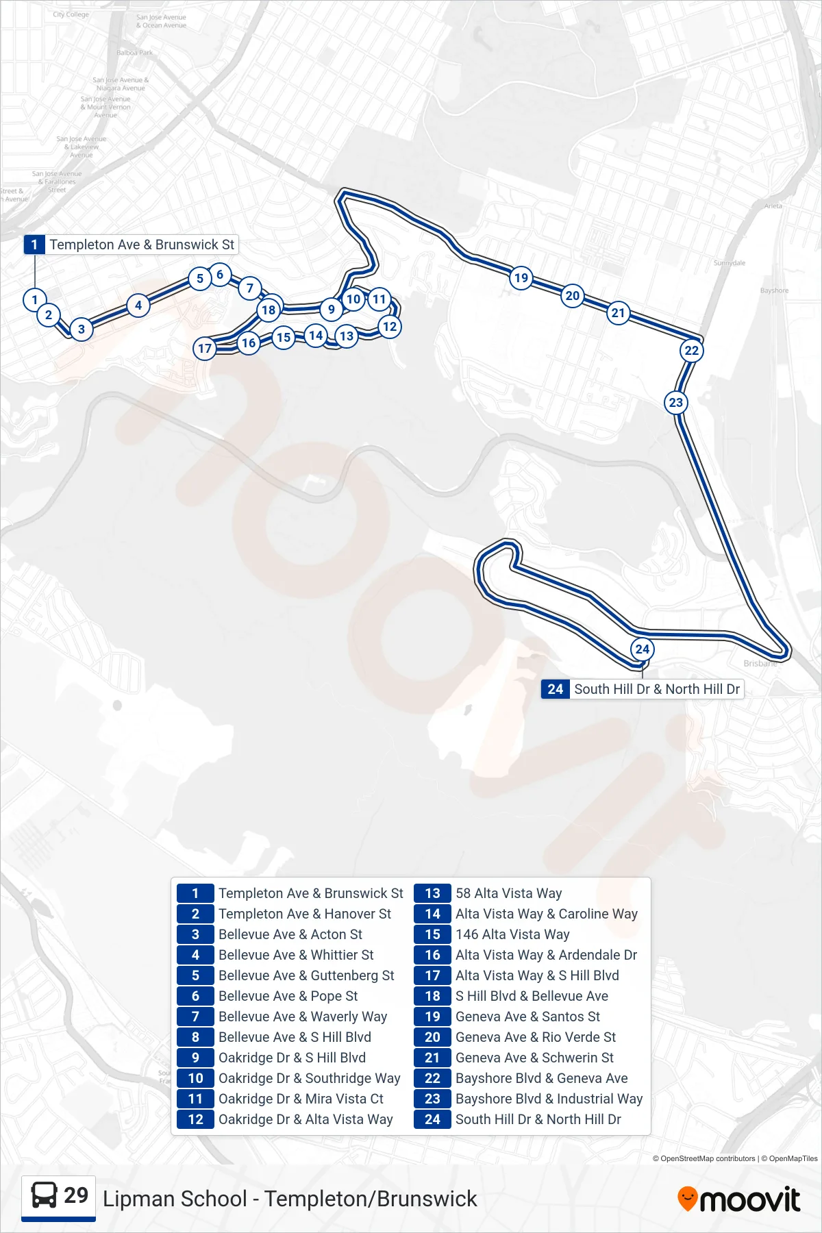 29 bus Line (Lipman School) route and stops on a map