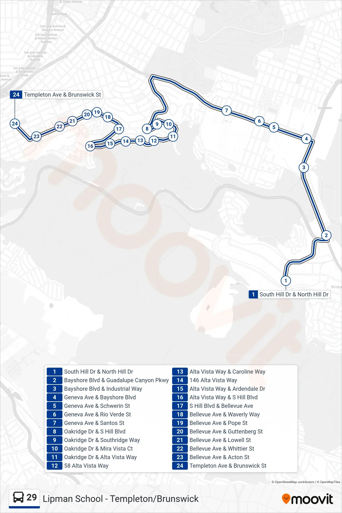 29 bus Line (Daly City) route and stops on a map