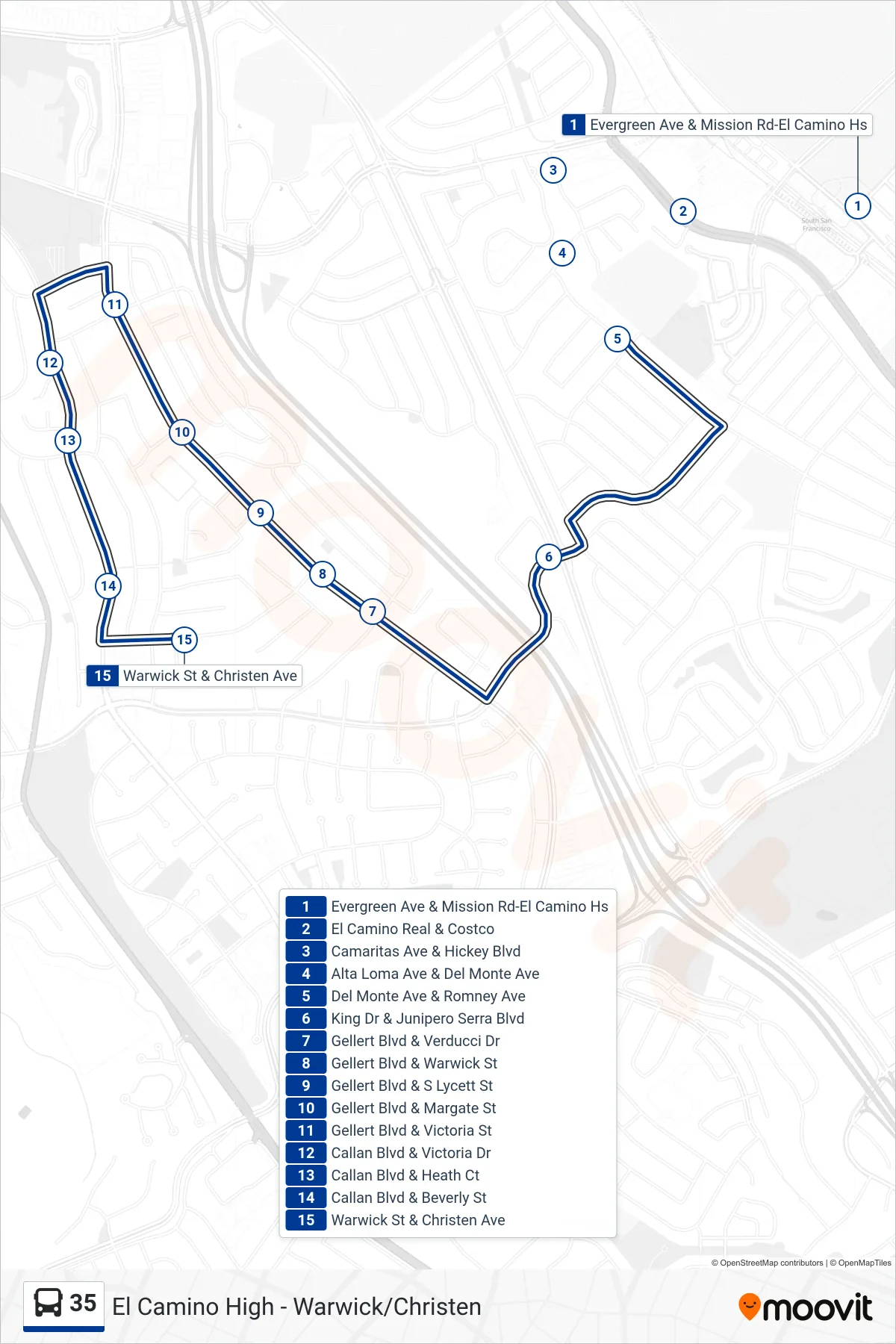 35 bus Line (Daly City) route and stops on a map