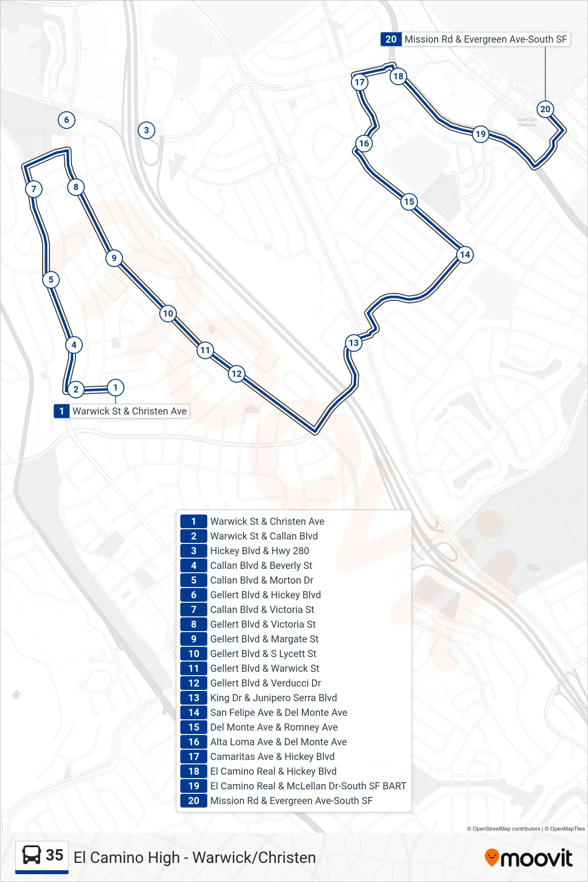 35 bus Line (El Camino Hs) route and stops on a map