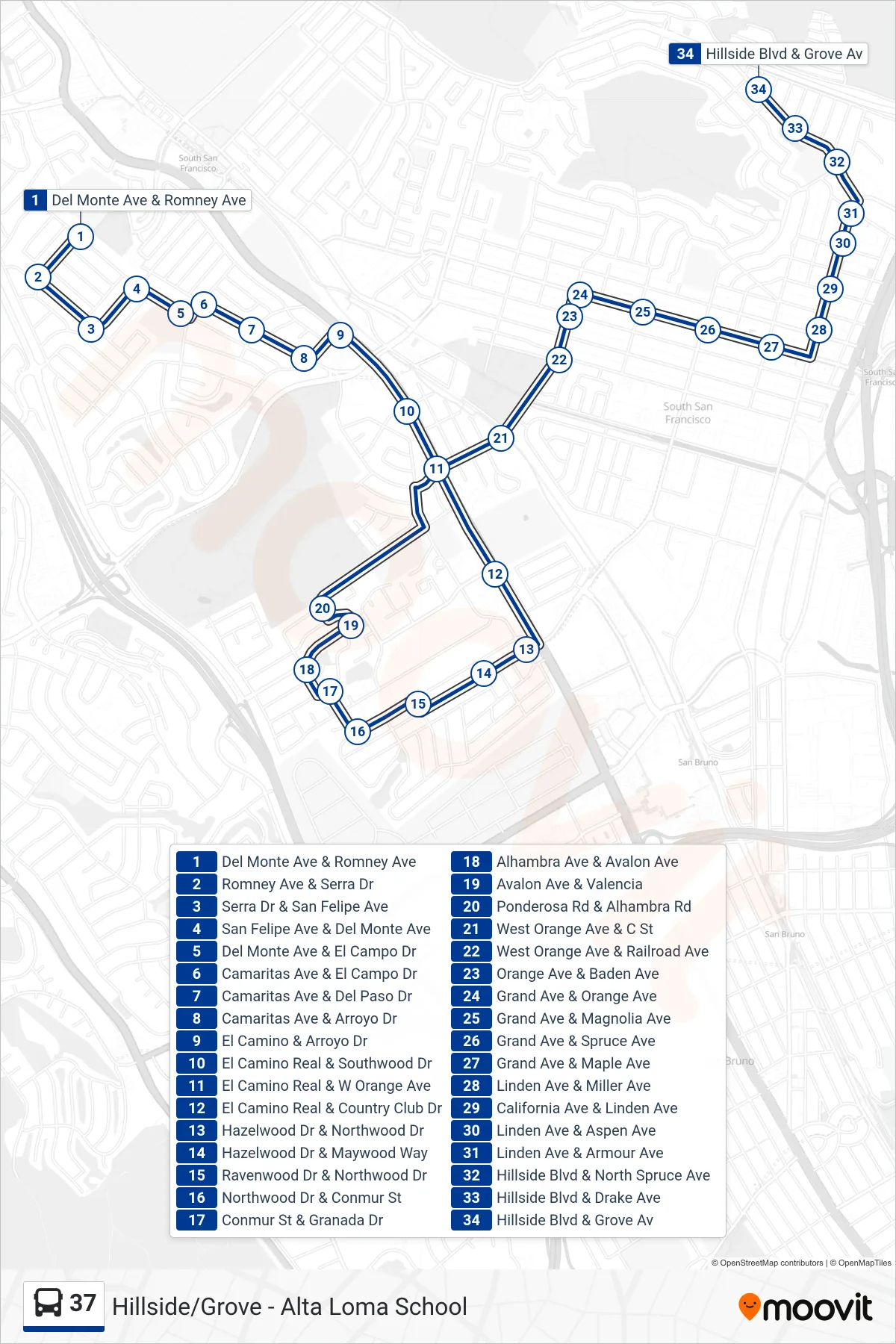 37 bus Line (South San Francsico) route and stops on a map