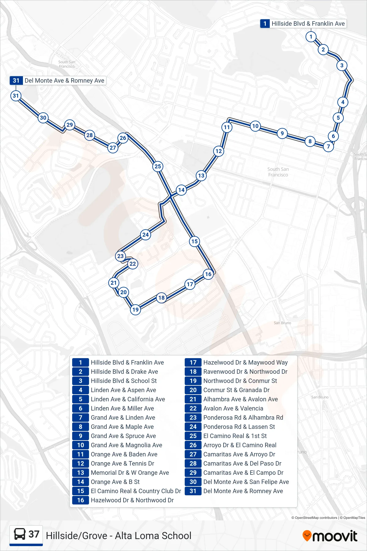 37 bus Line (Alta Loma School) route and stops on a map