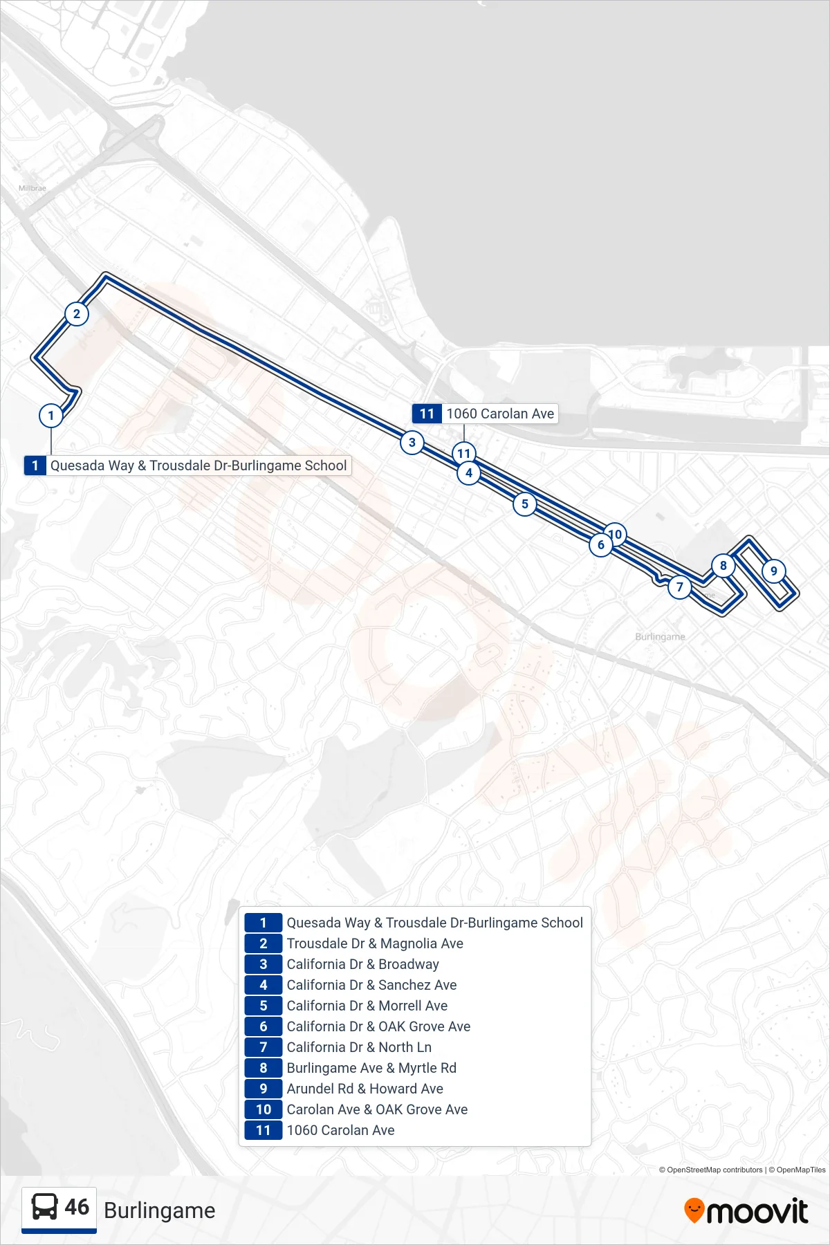 46 bus Line (Burlingame) route and stops on a map