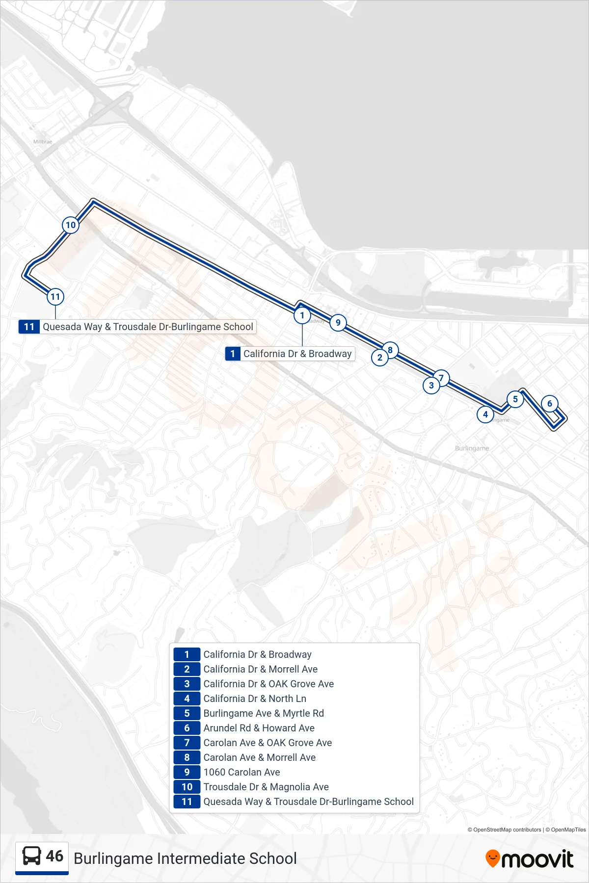 46 bus Line (Burlingame Intermediate School) route and stops on a map