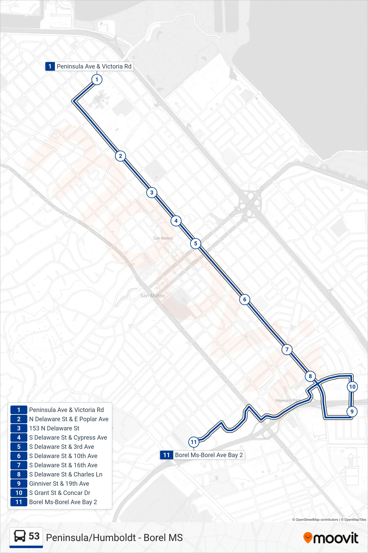 53 bus Line (Borel School) route and stops on a map
