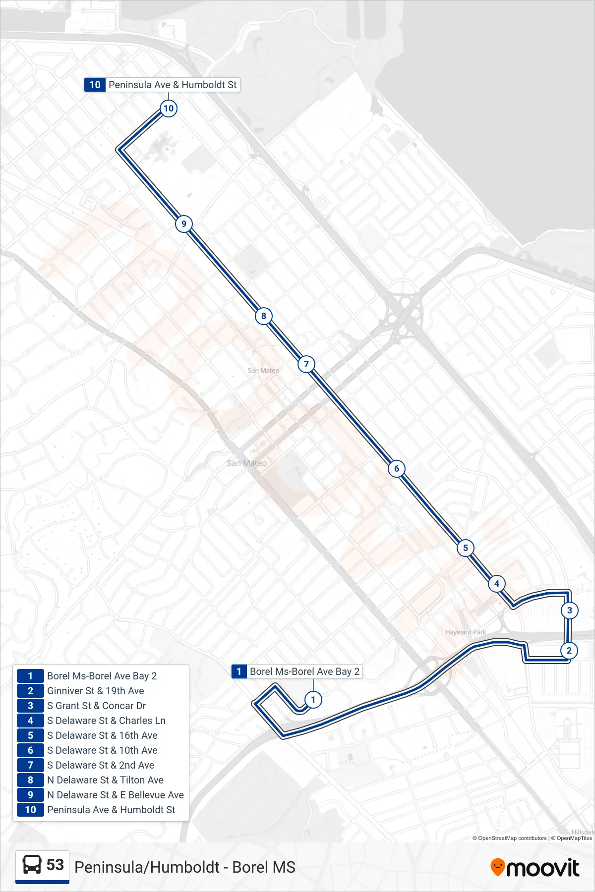53 bus Line (San Mateo) route and stops on a map