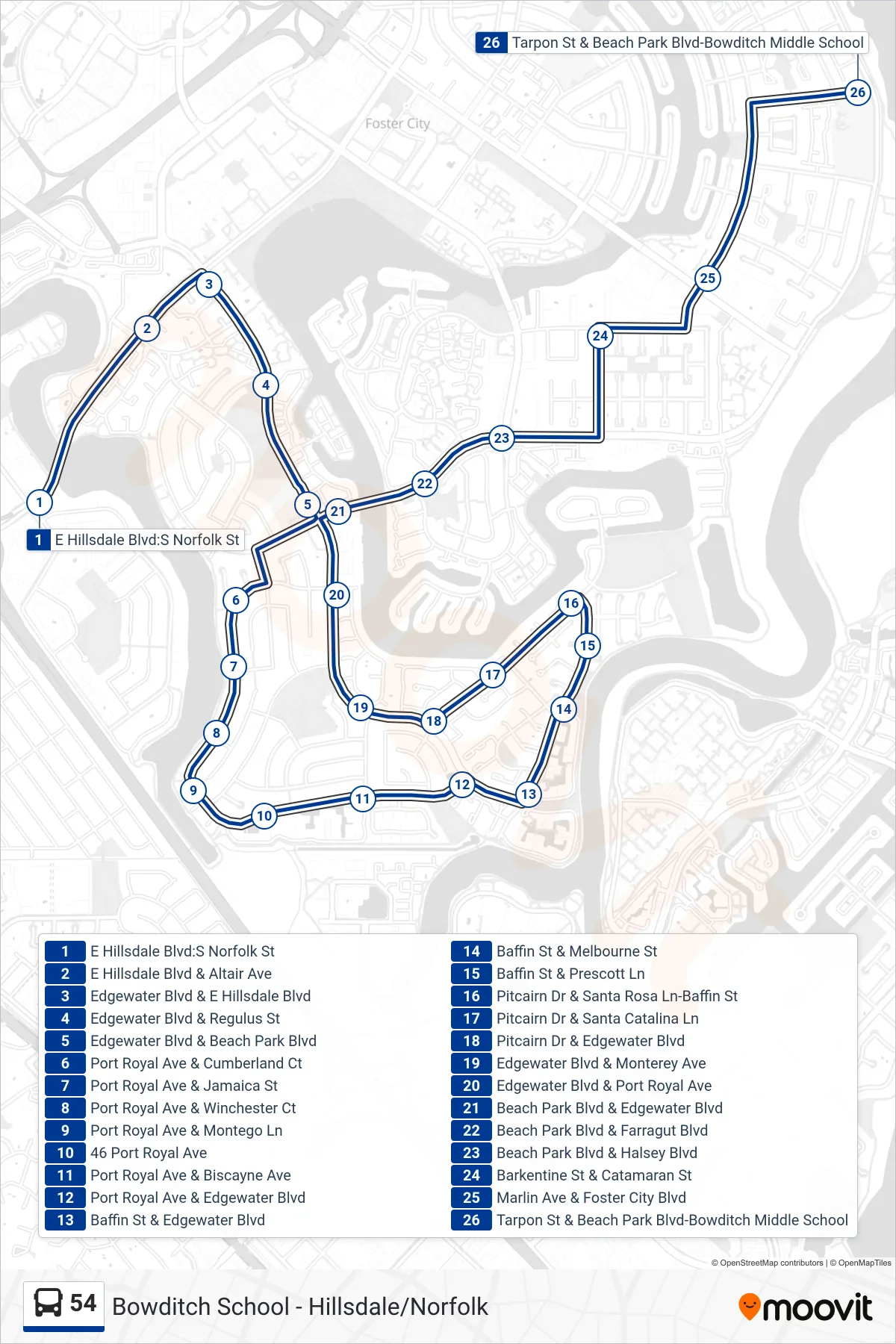 54 bus Line (Bowditch Ms) route and stops on a map