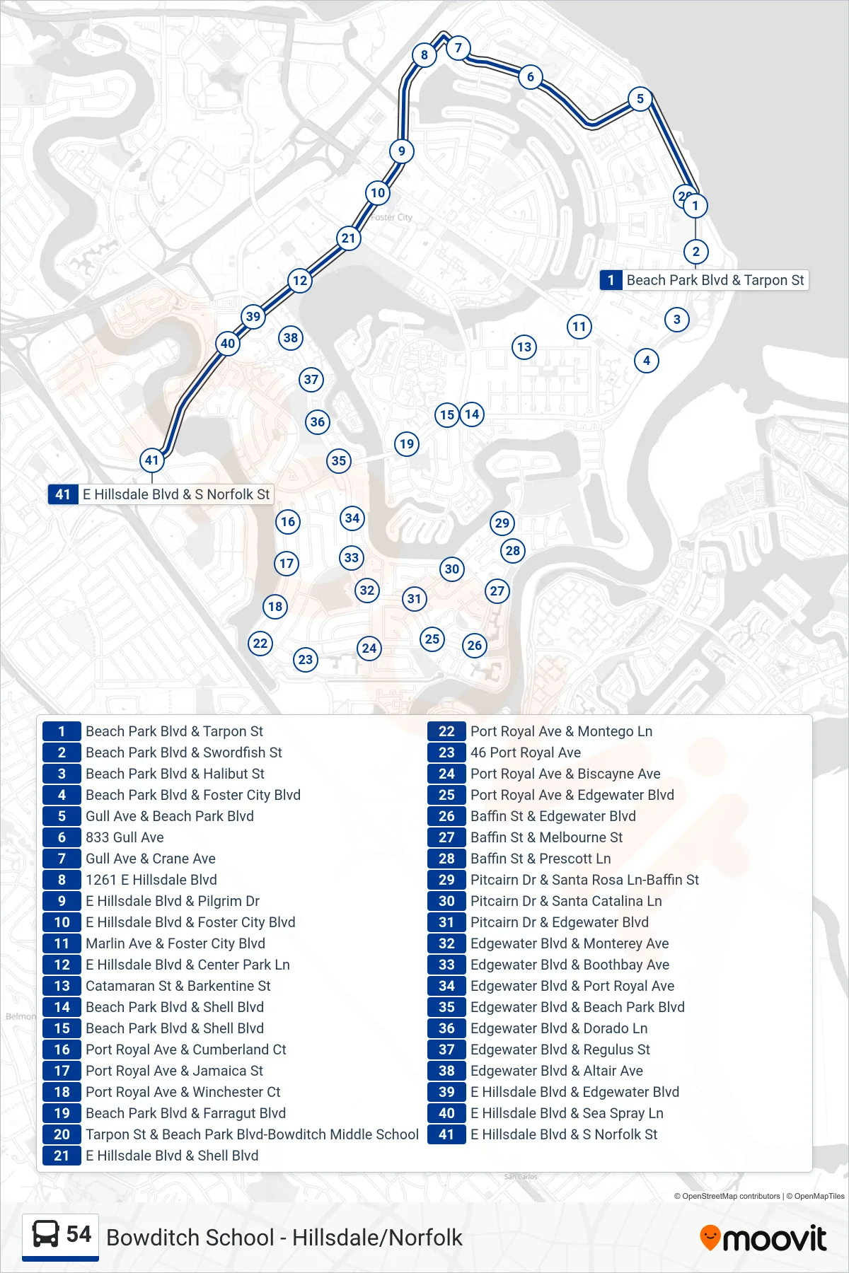 54 bus Line (San Mateo) route and stops on a map