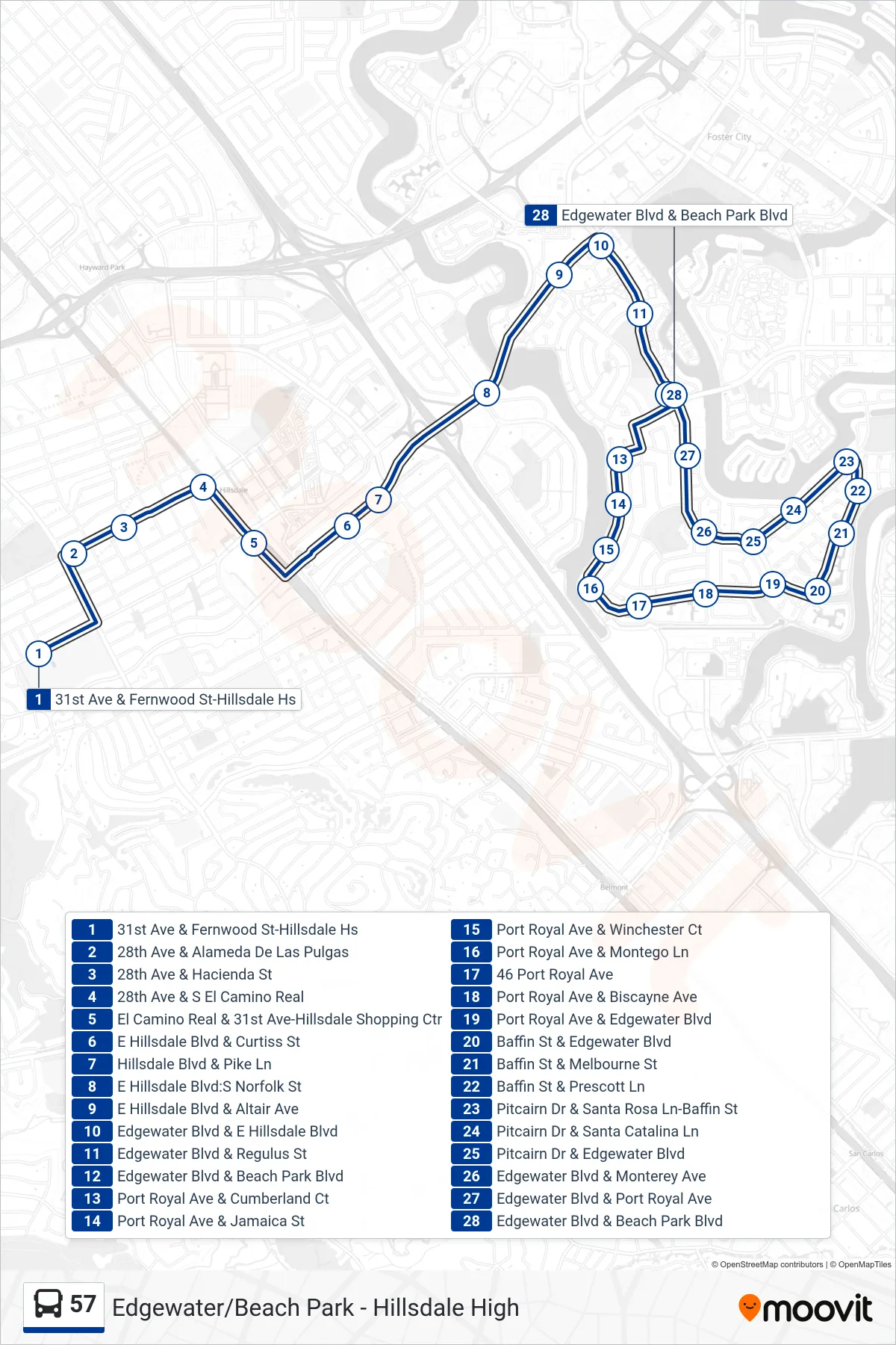 57 bus Line (Foster City) route and stops on a map
