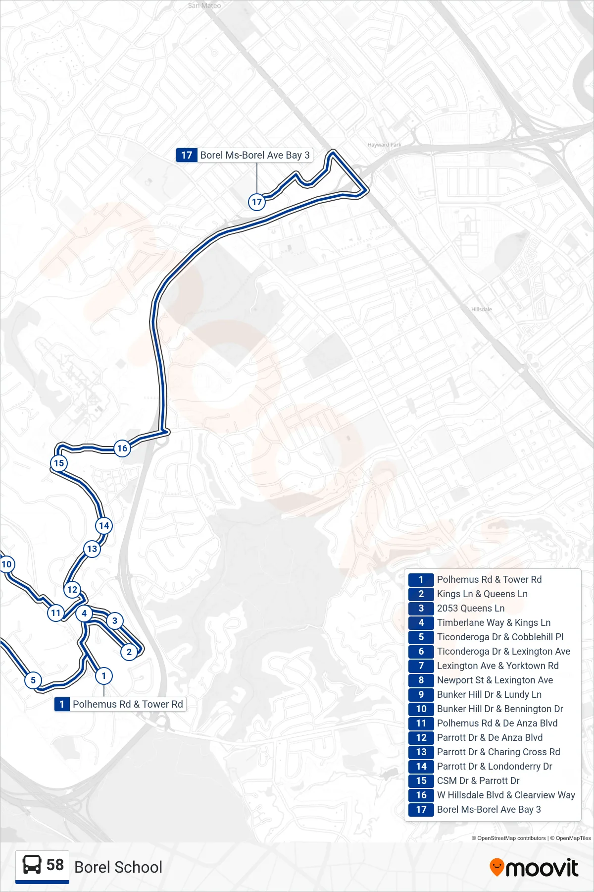 58 bus Line (Borel School) route and stops on a map