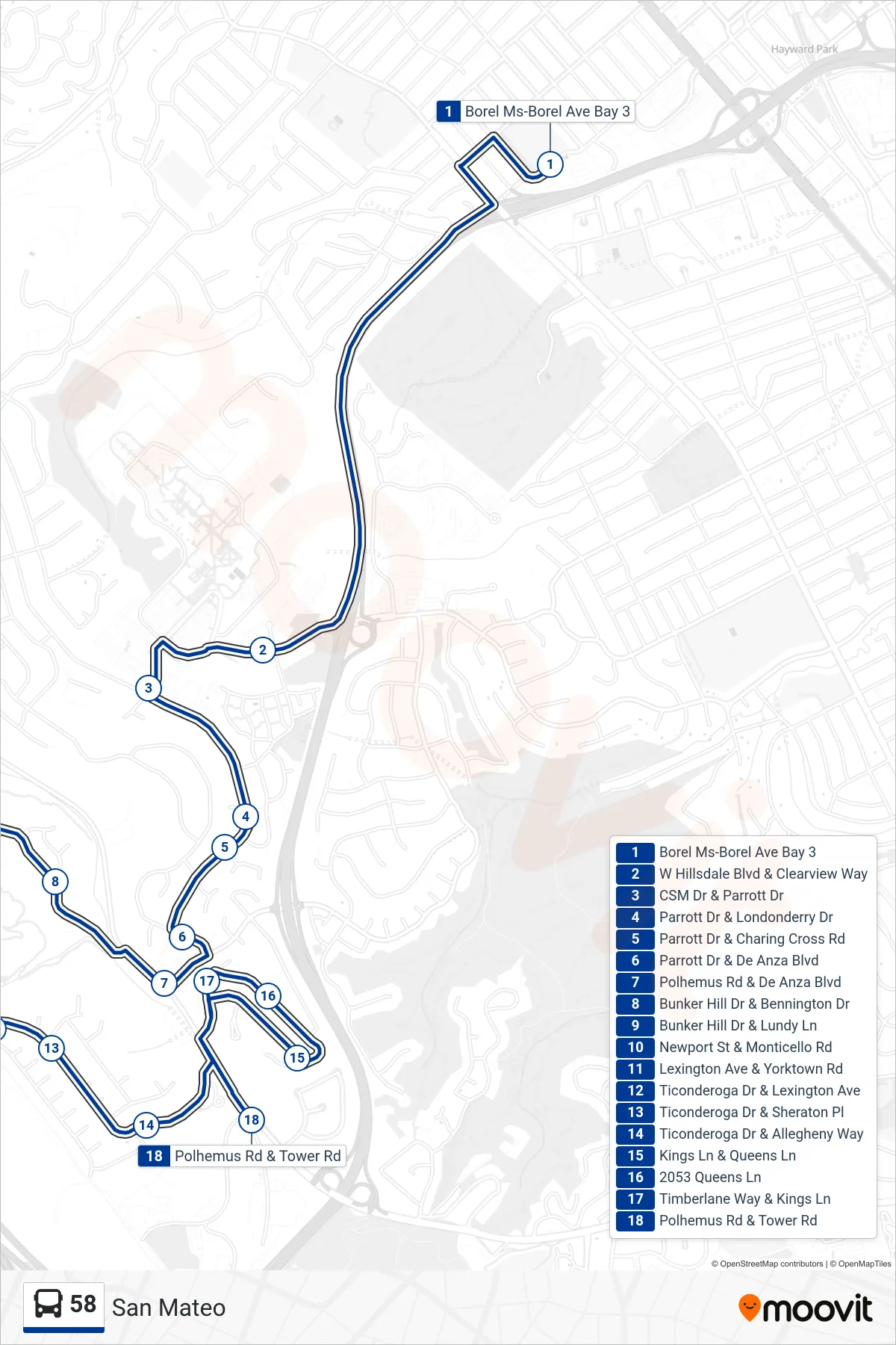 58 bus Line (San Mateo) route and stops on a map