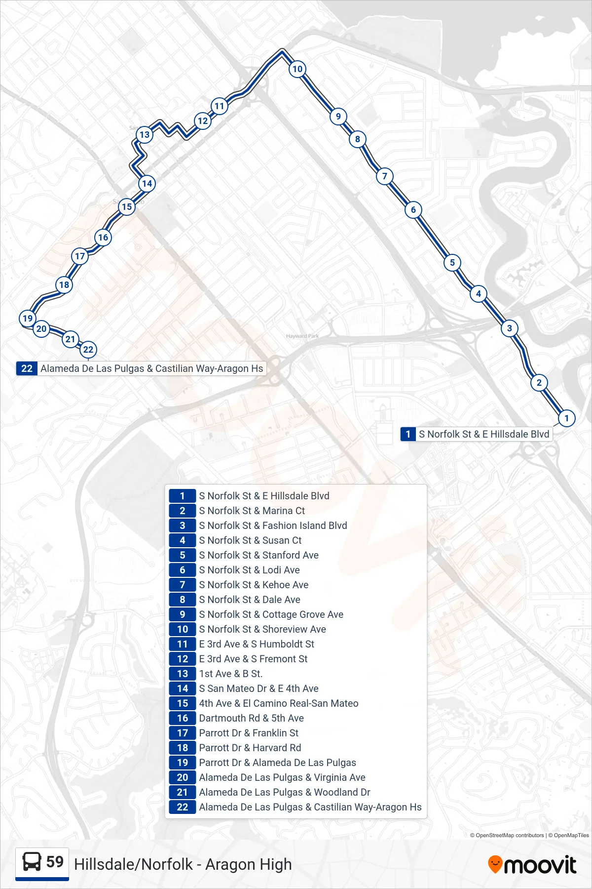 59 bus Line (Aragon Hs) route and stops on a map