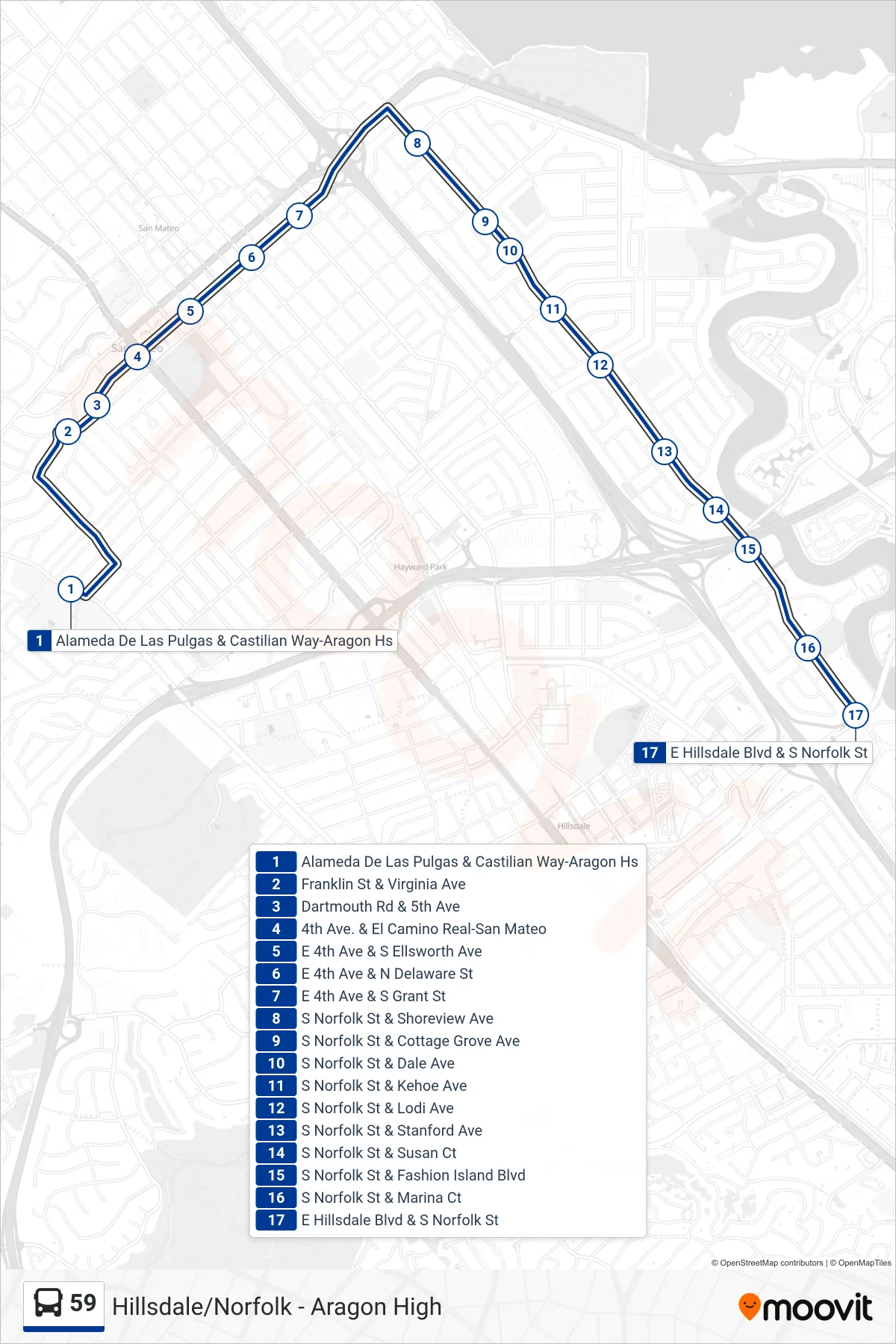 59 bus Line (San Mateo) route and stops on a map