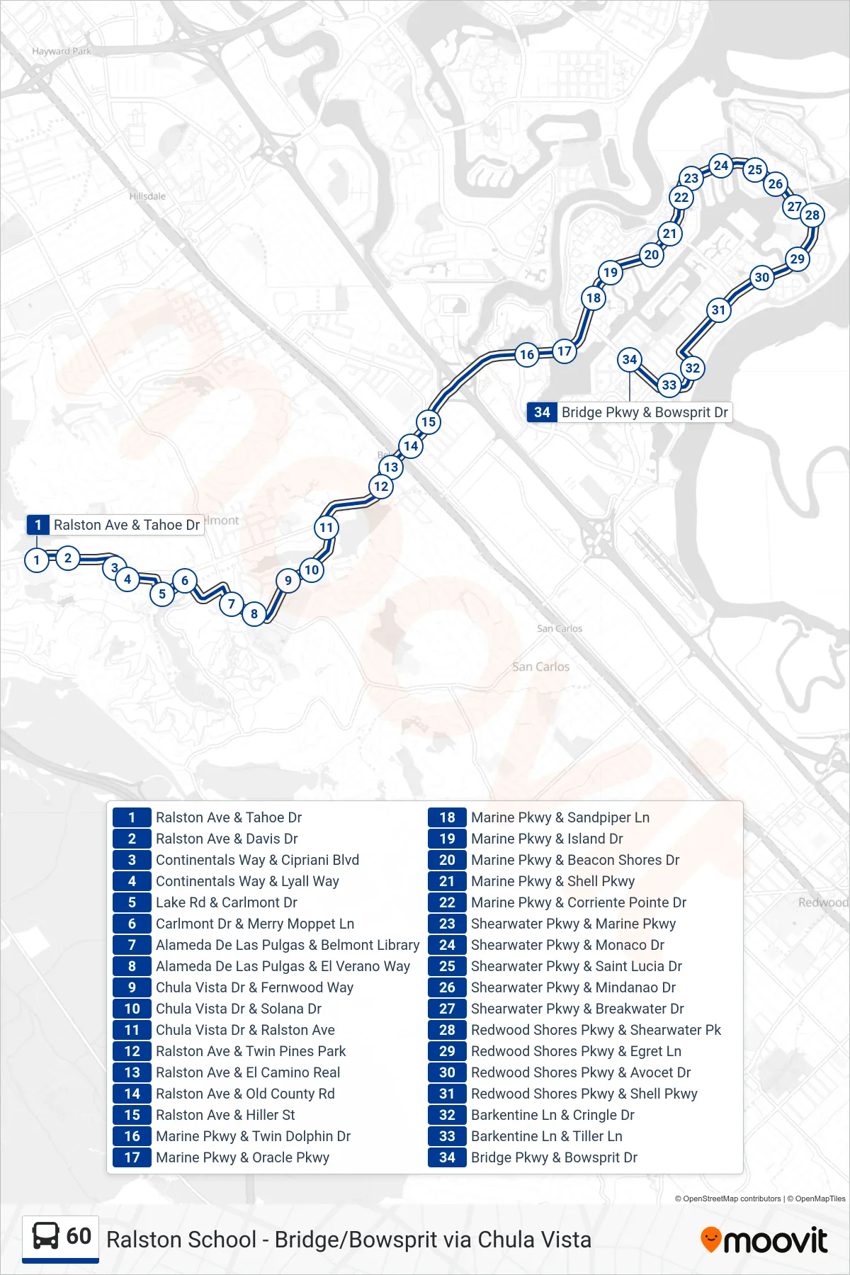 60 bus Line (Redwood City) route and stops on a map