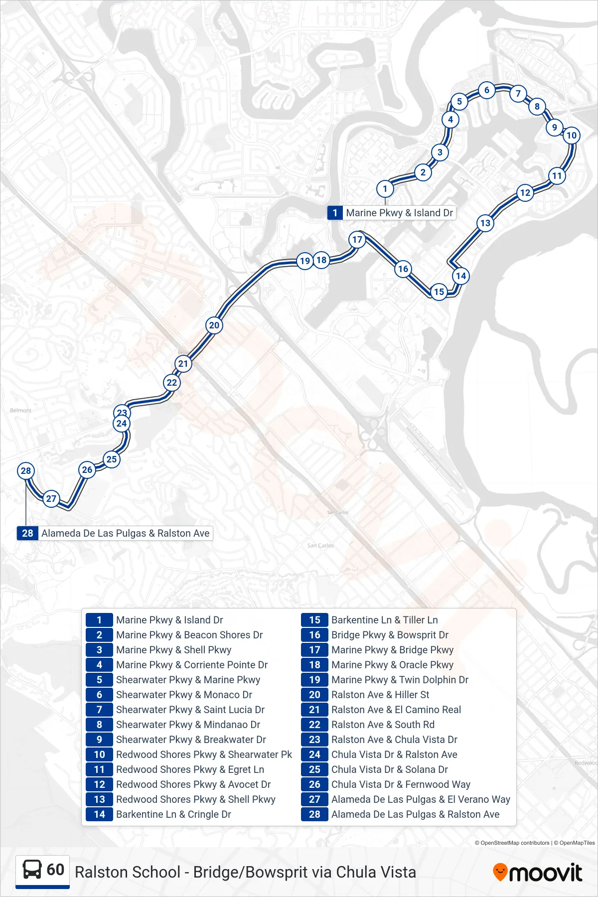 60 bus Line (Carlmont Hs) route and stops on a map