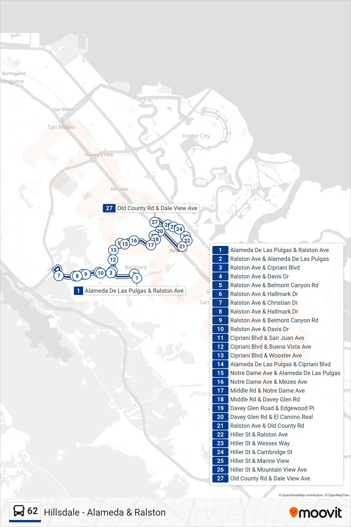 62 bus Line (Belmont) route and stops on a map