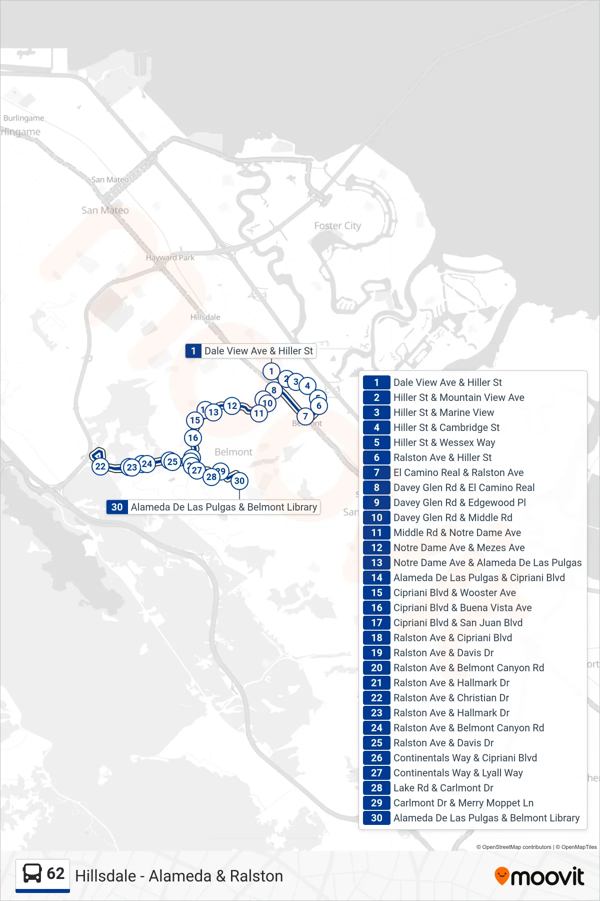 62 bus Line (Carlmont Hs) route and stops on a map