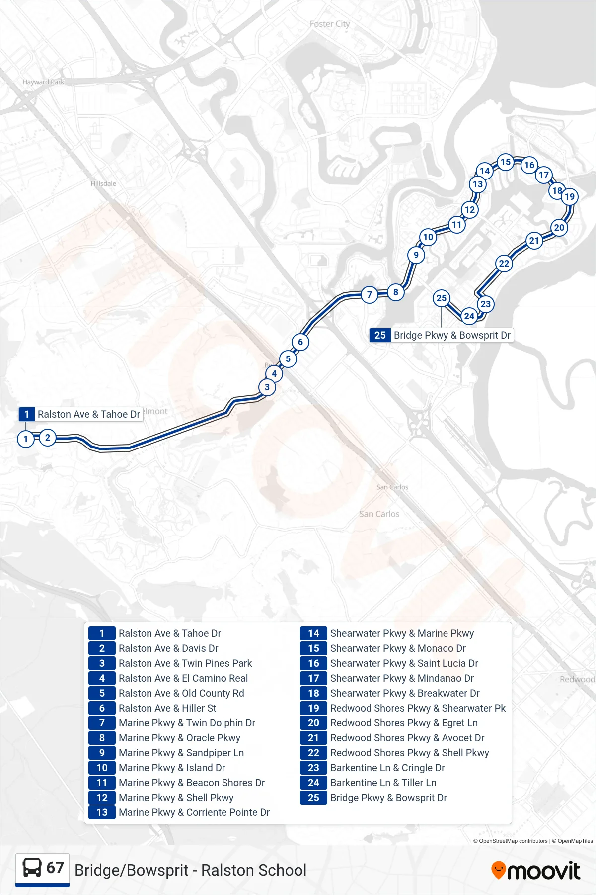 67 bus Line (Redwood City) route and stops on a map
