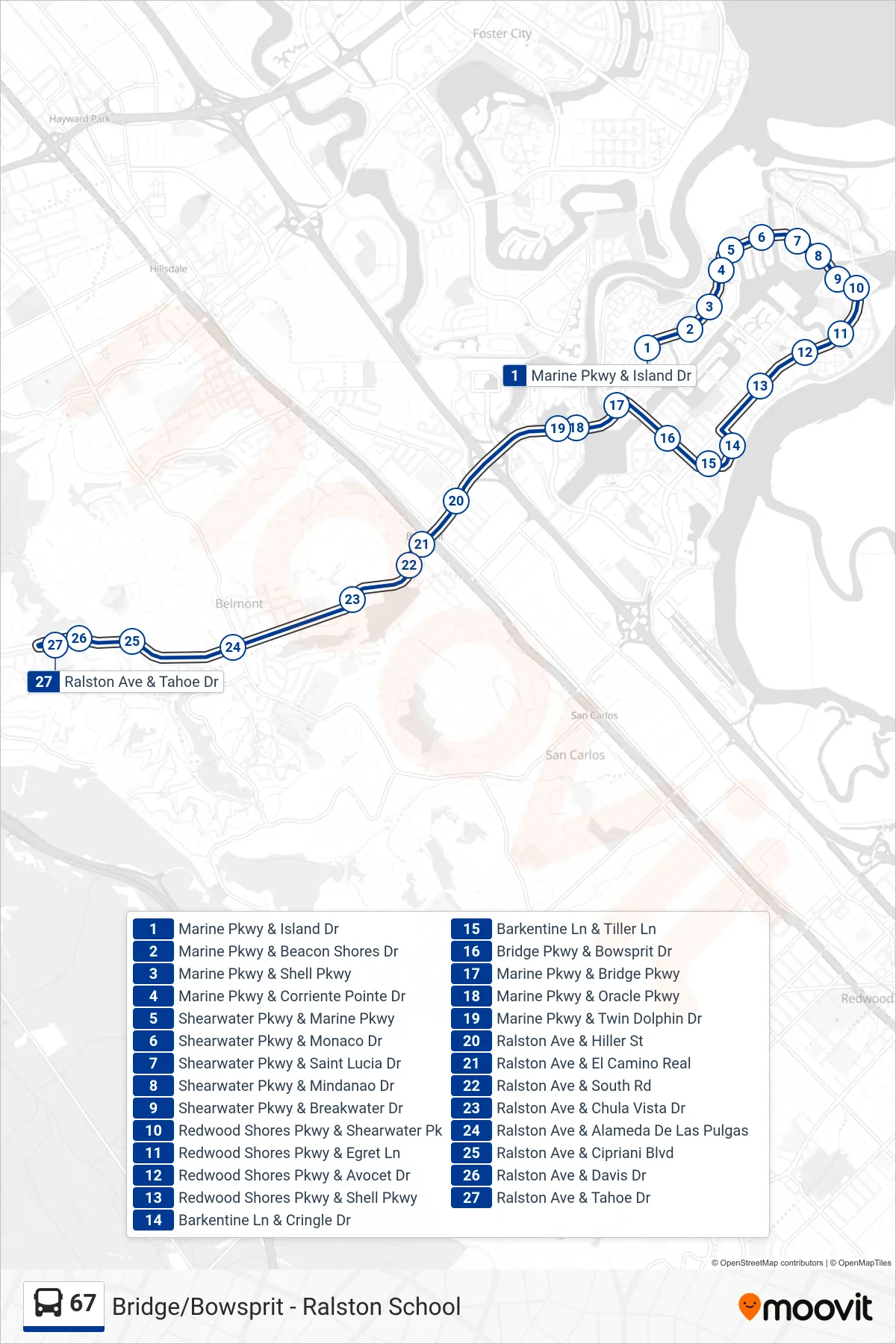 67 bus Line (Ralston Ms) route and stops on a map
