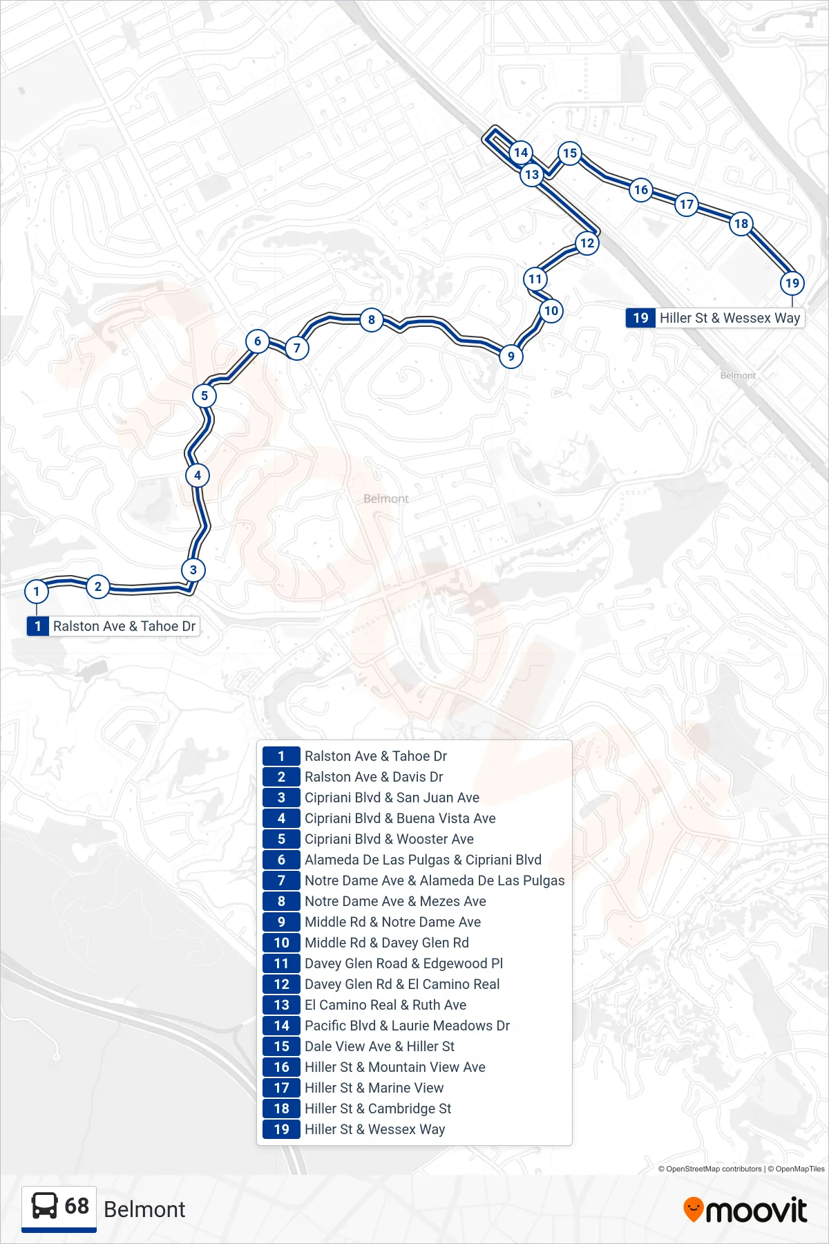 68 bus Line (Belmont) route and stops on a map