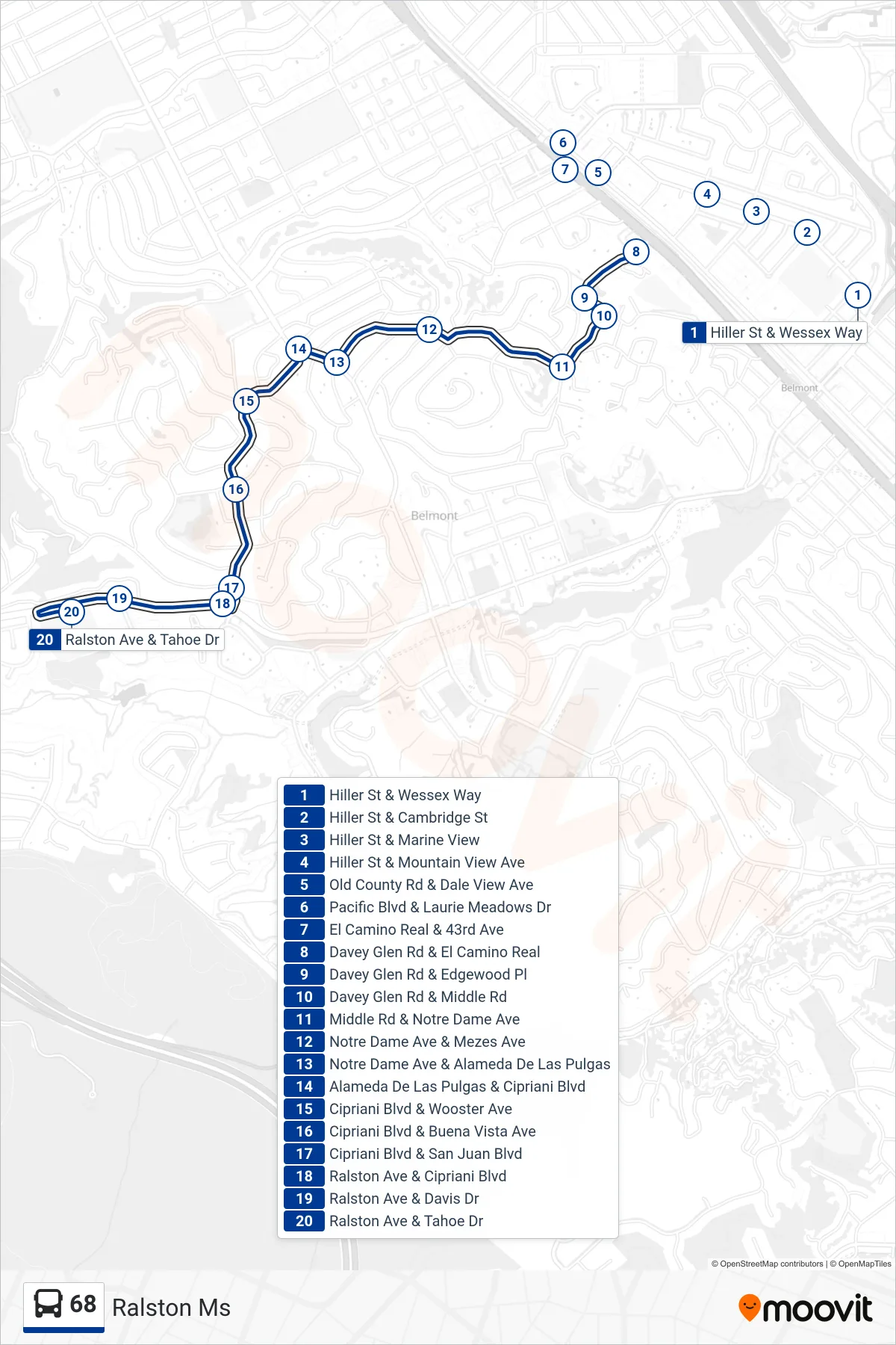 68 bus Line (Ralston Ms) route and stops on a map