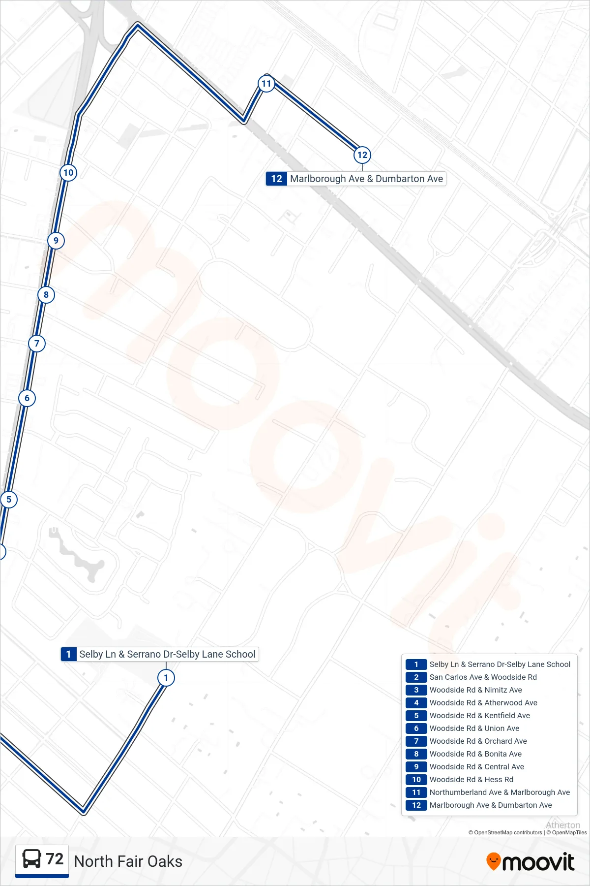 72 bus Line (North Fair Oaks) route and stops on a map