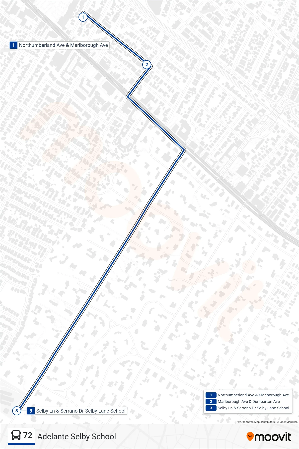 72 bus Line (Adelante Selby School) route and stops on a map