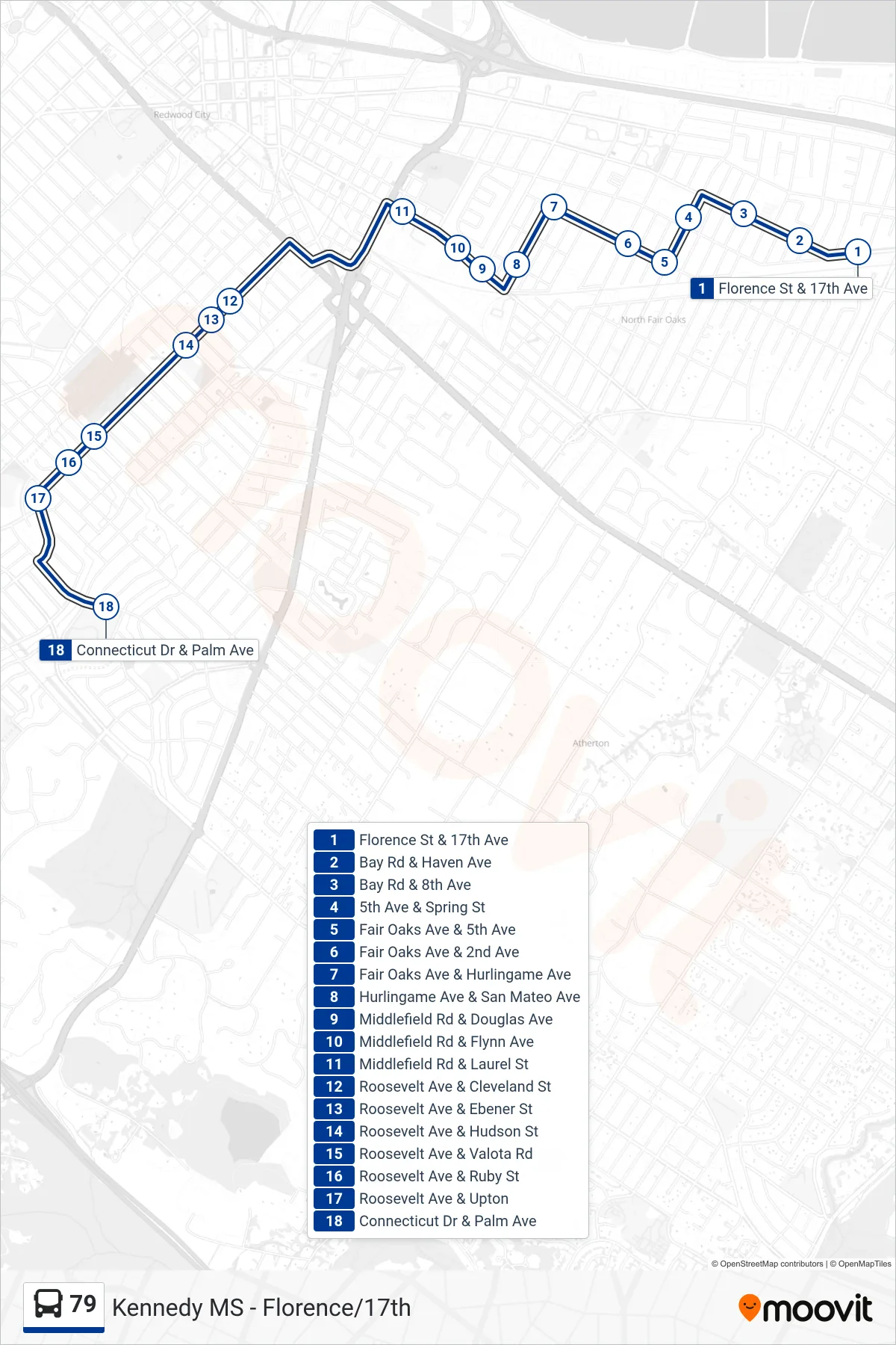 79 bus Line (Kennedy Ms) route and stops on a map