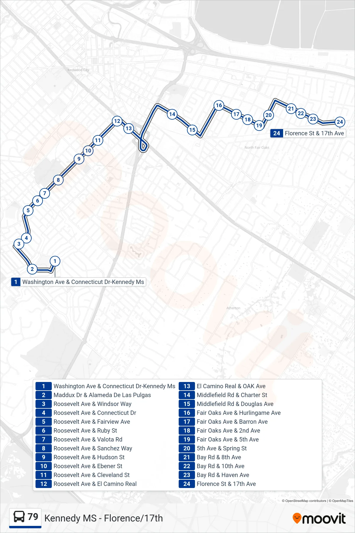 79 bus Line (Redwood City) route and stops on a map
