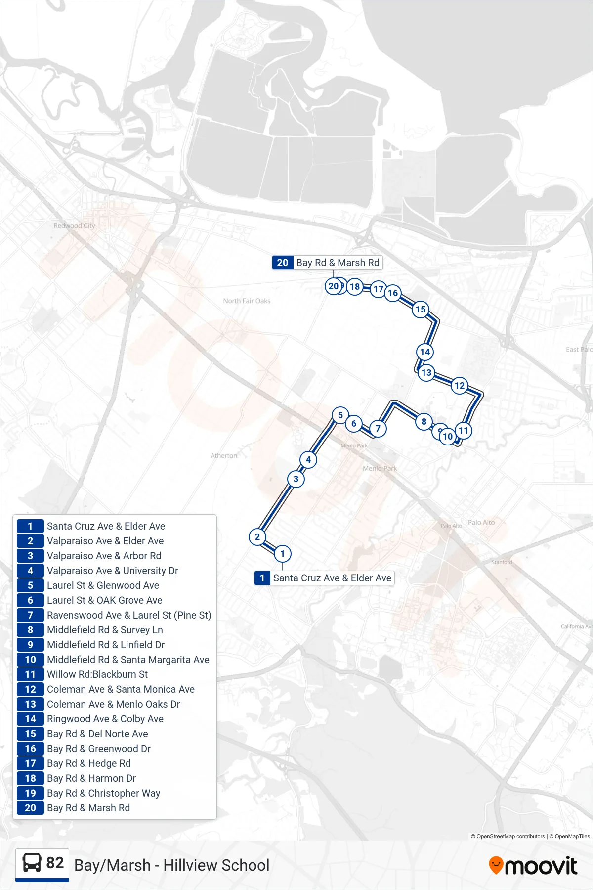 82 bus Line (Menlo Park) route and stops on a map