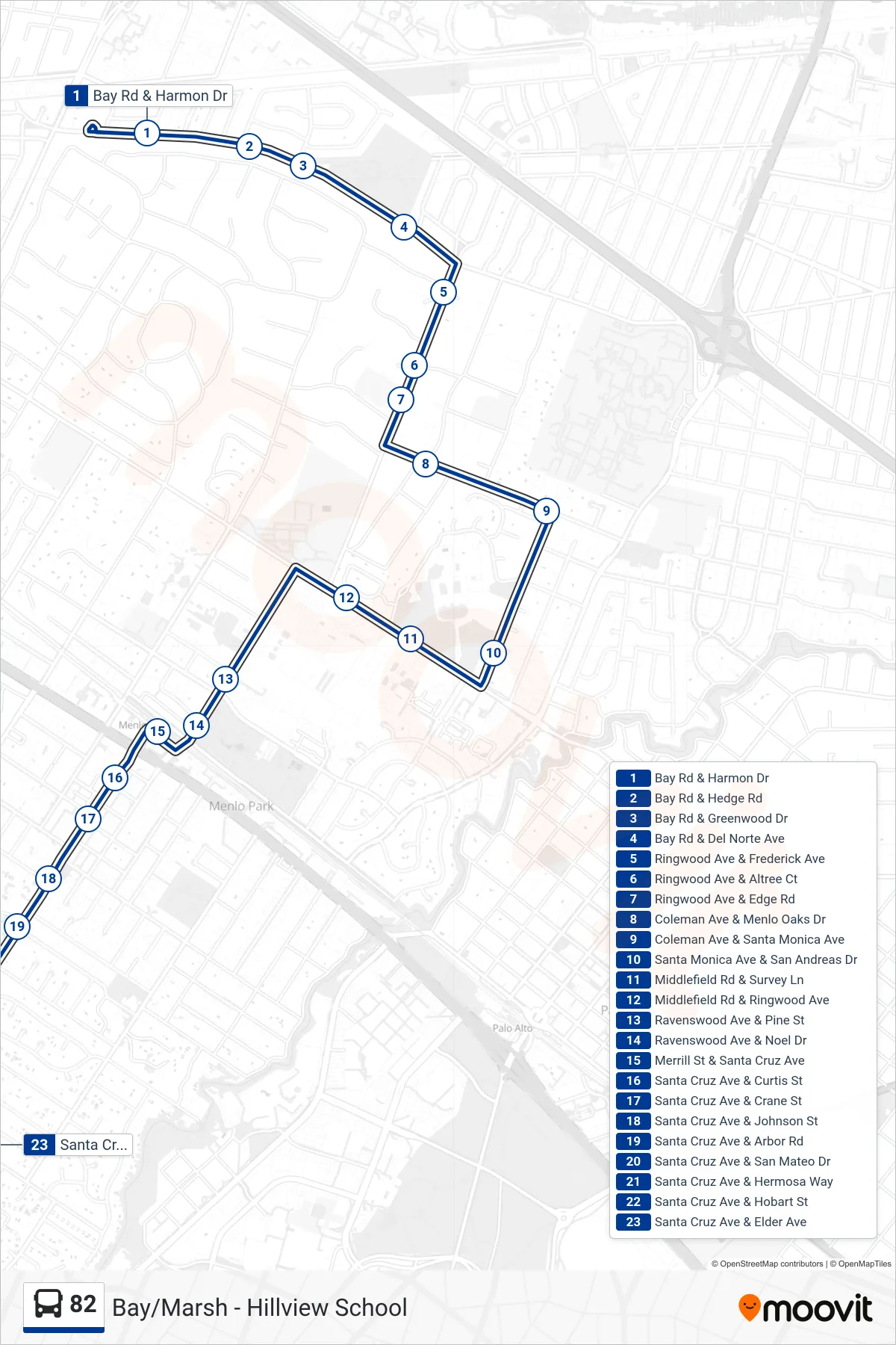 82 bus Line (Hillview Ms) route and stops on a map