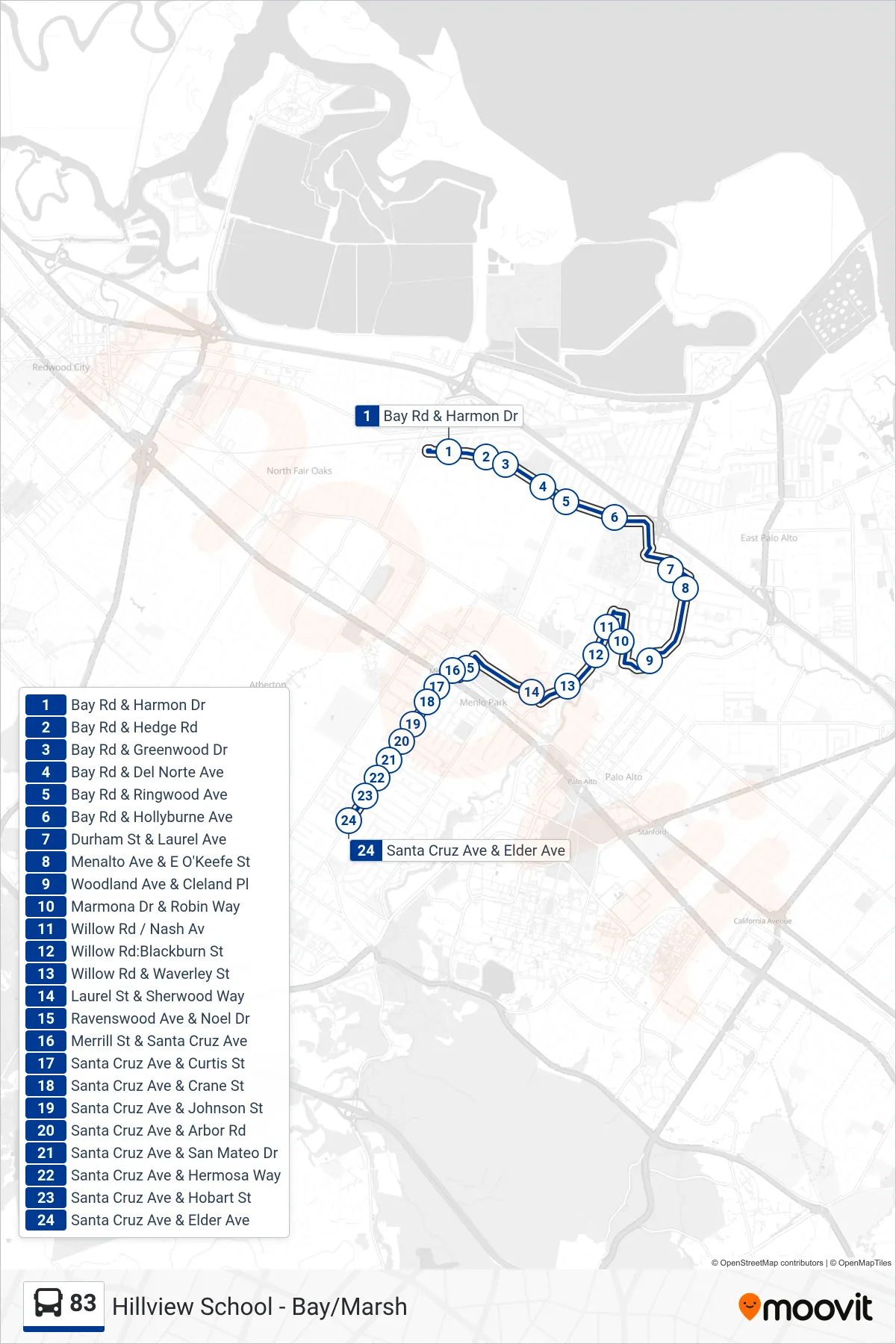 83 bus Line (Hillview Ms) route and stops on a map