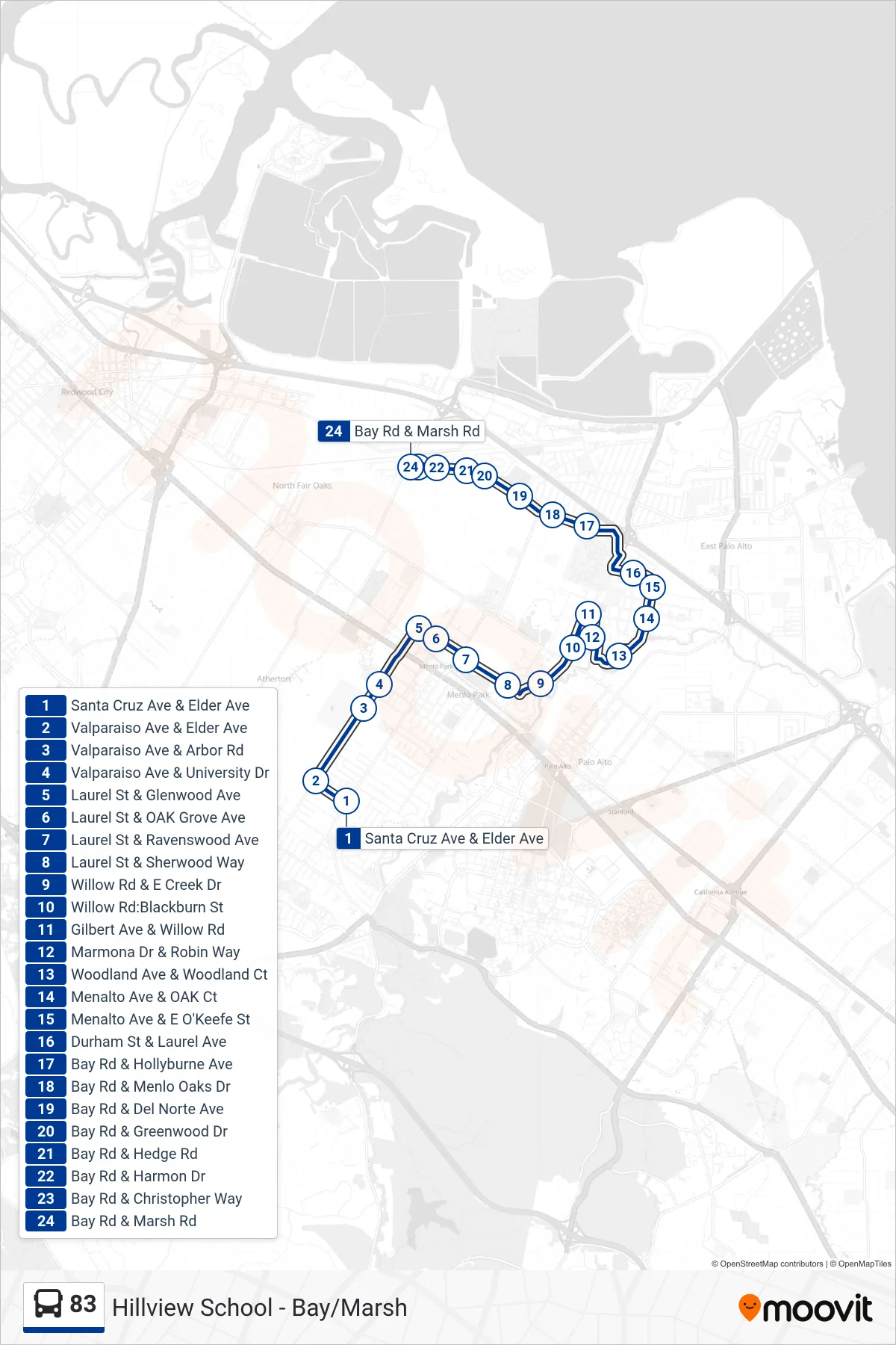 83 bus Line (Menlo Park) route and stops on a map