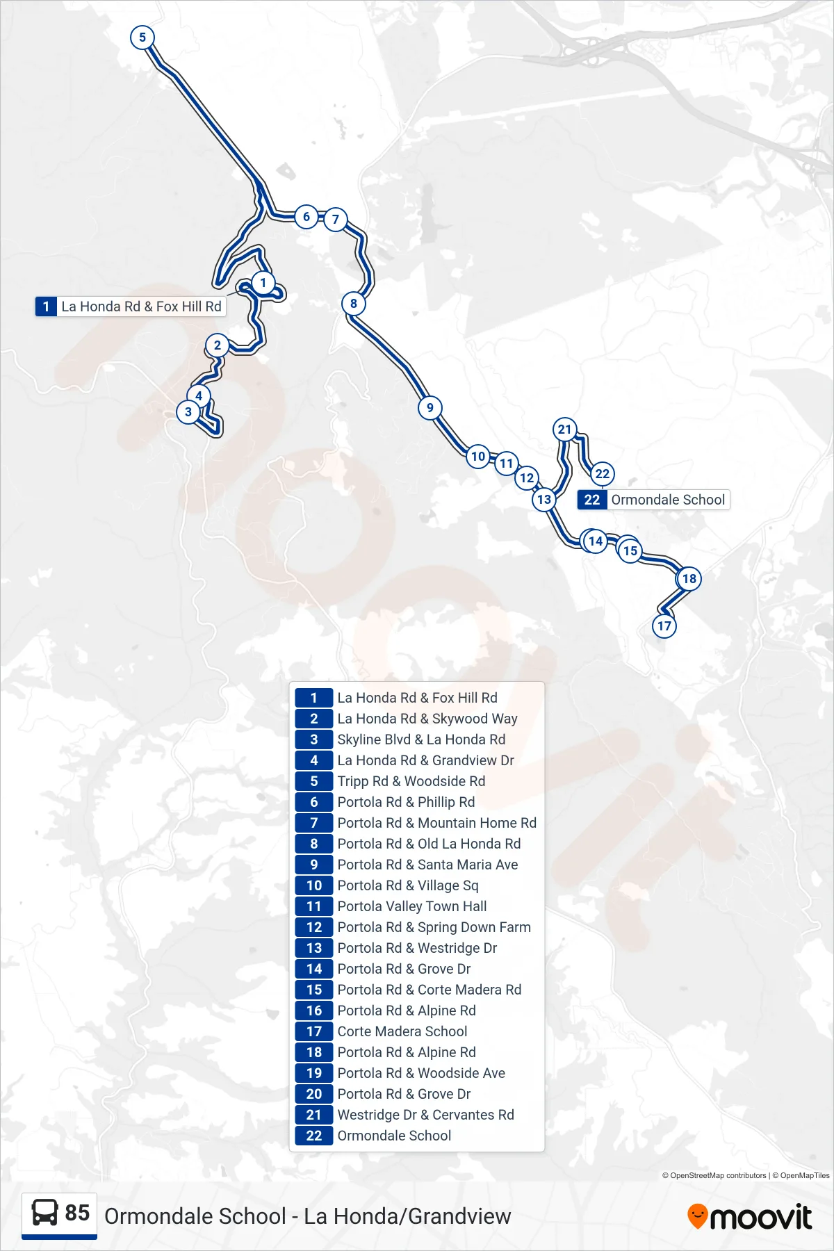 85 bus Line (Woodside) route and stops on a map